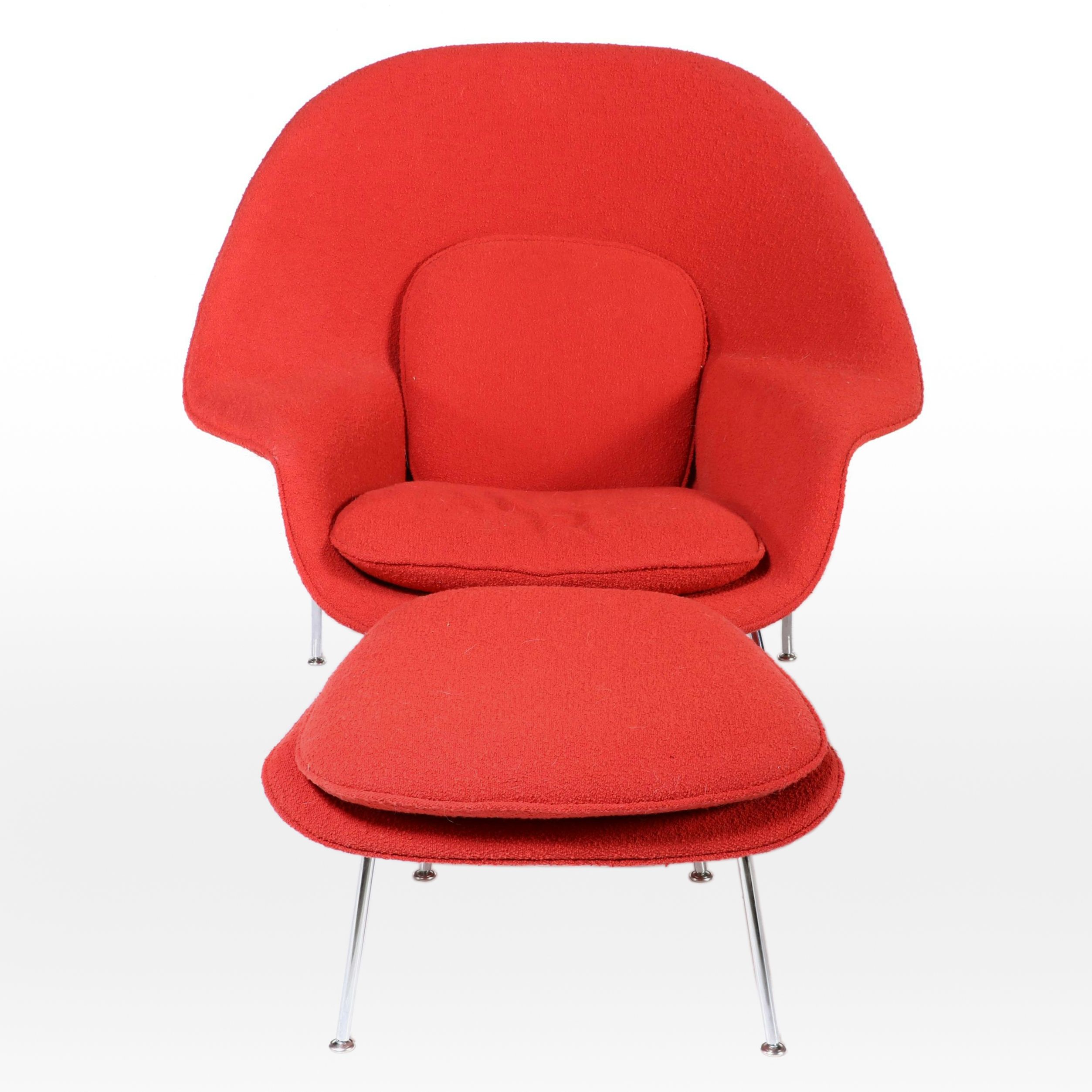 Knoll "Womb" MCM Red Bouclé Armchair and Ottoman