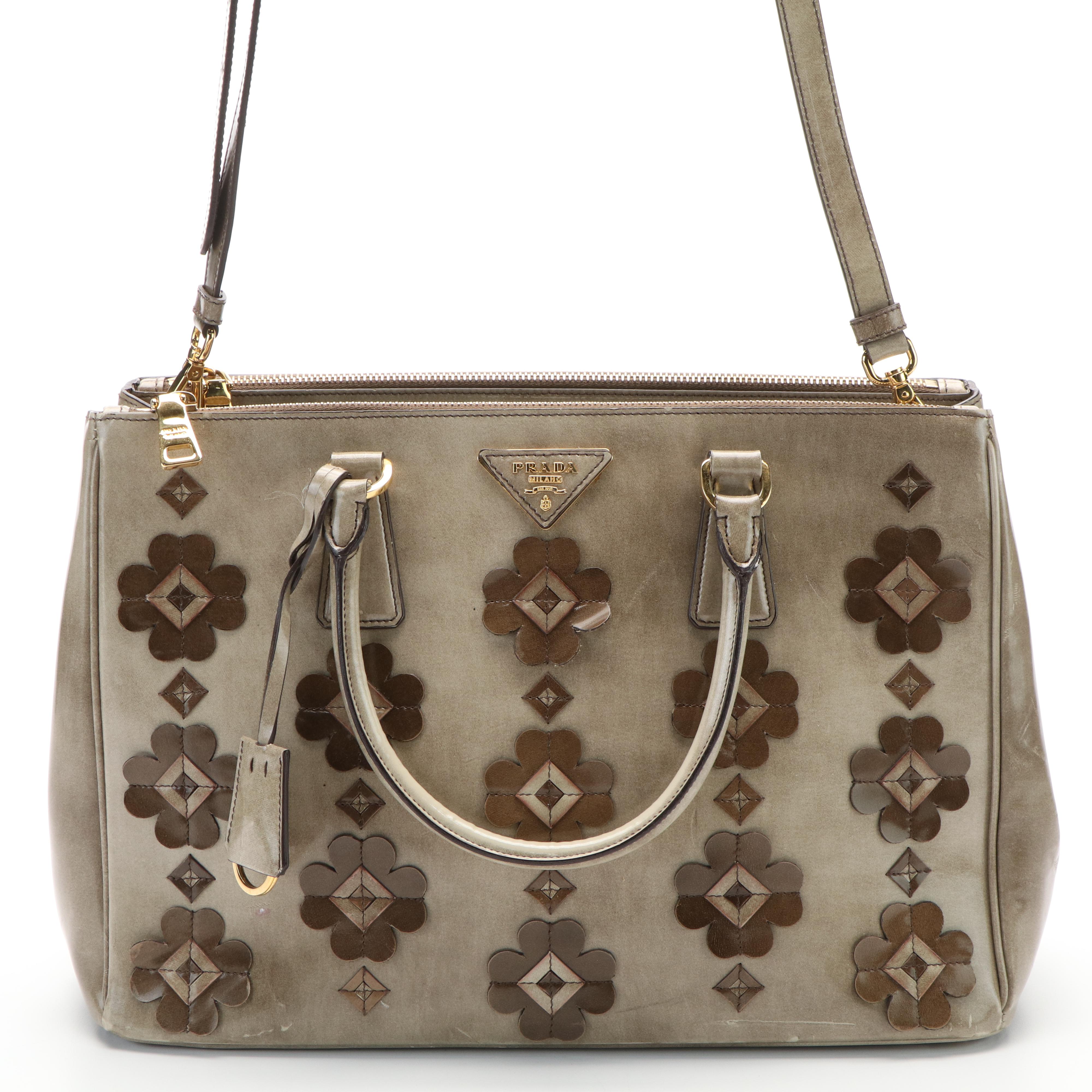 Prada 2Way Floral Appliqué Handbag in Brown Beige Spazzolato Leather