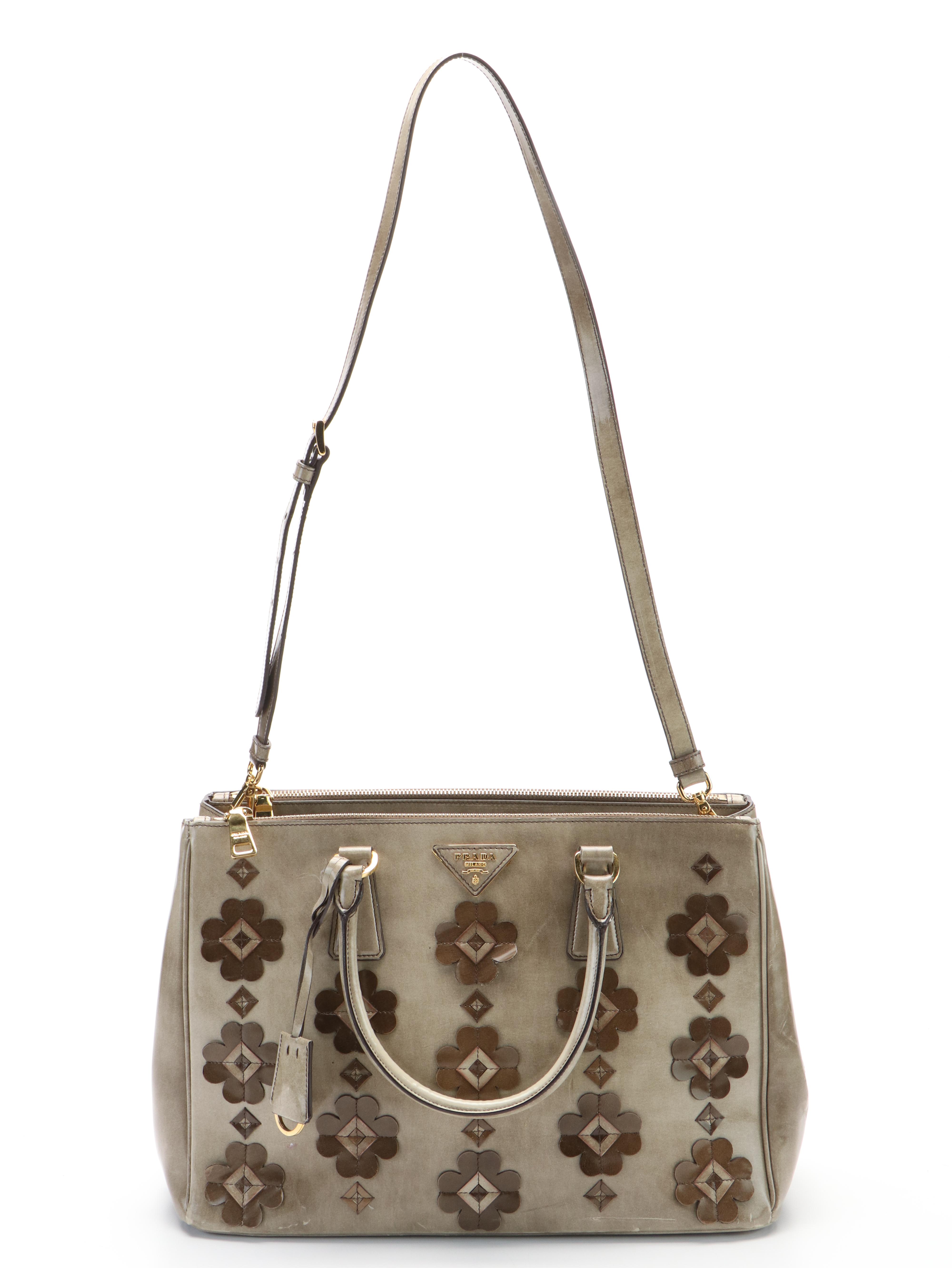 Prada 2Way Floral Appliqué Handbag in Brown Beige Spazzolato Leather