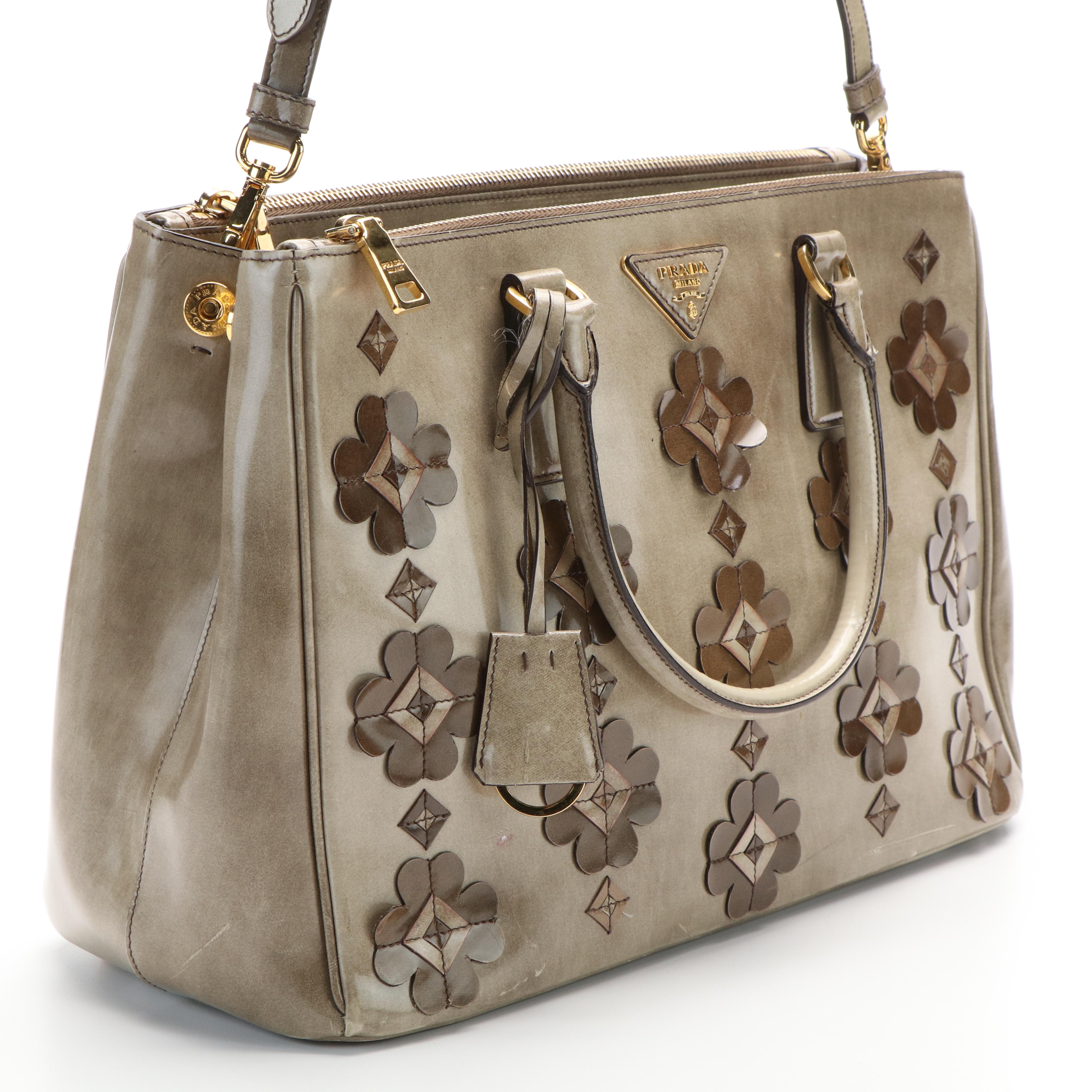 Prada 2Way Floral Appliqué Handbag in Brown Beige Spazzolato Leather
