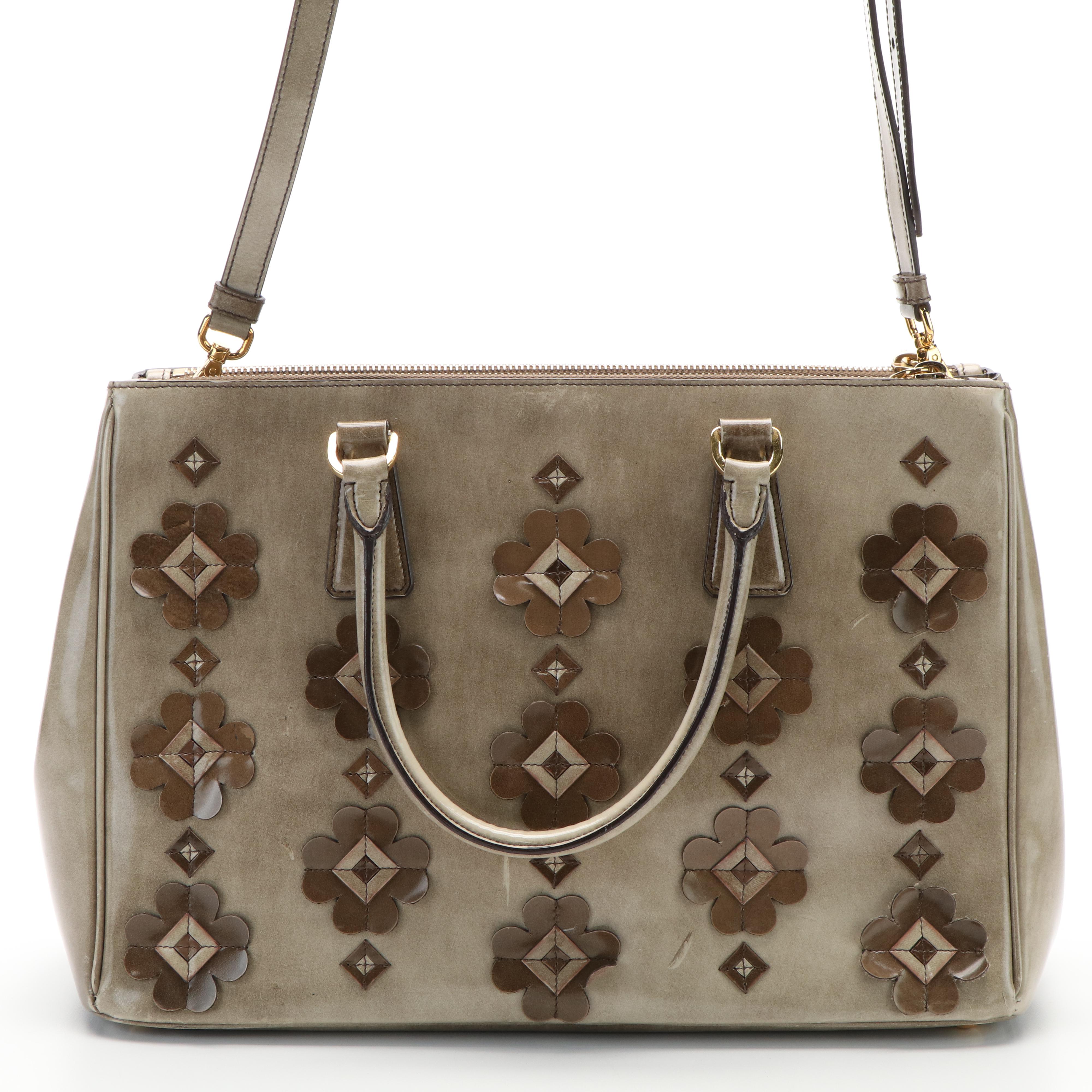 Prada 2Way Floral Appliqué Handbag in Brown Beige Spazzolato Leather