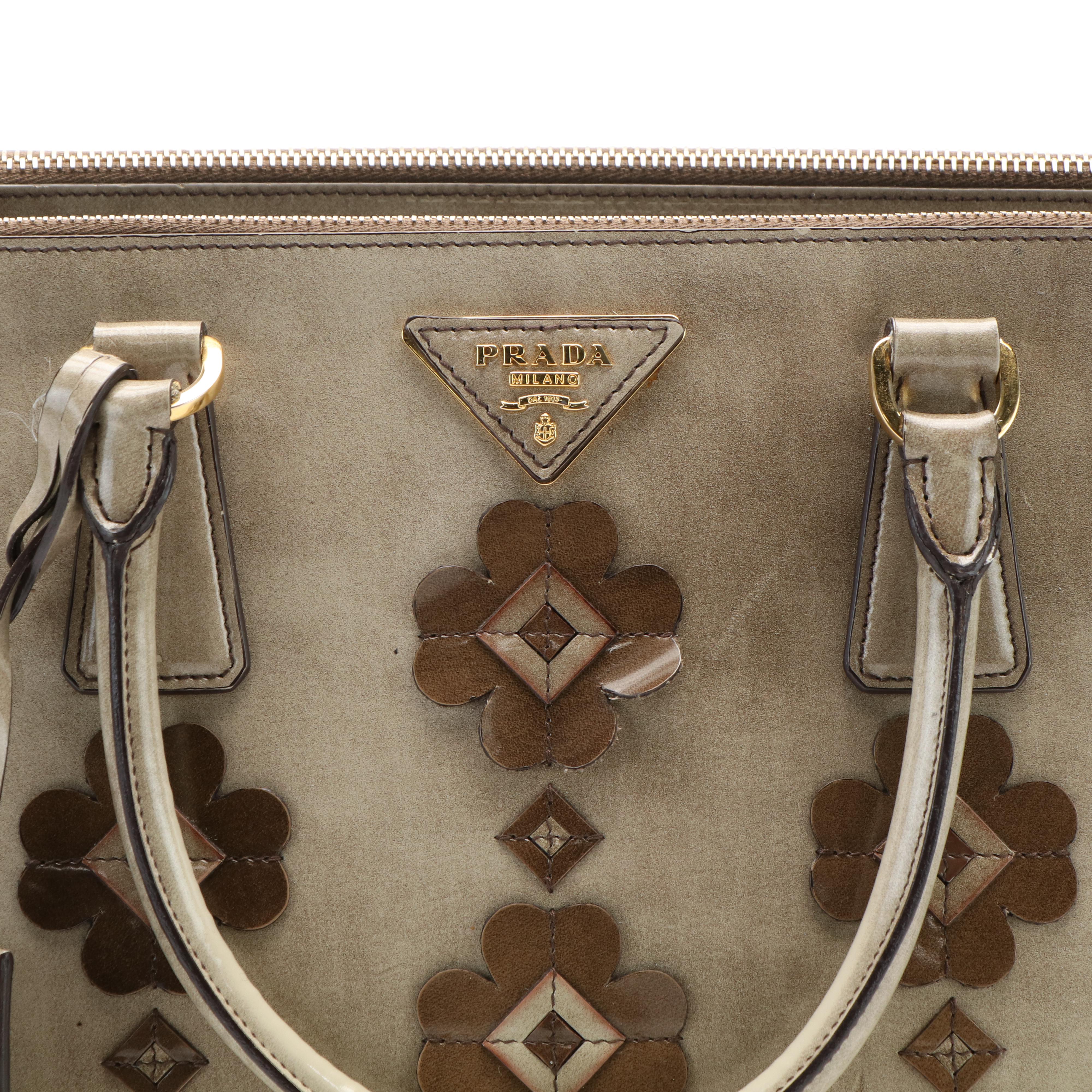 Prada 2Way Floral Appliqué Handbag in Brown Beige Spazzolato Leather