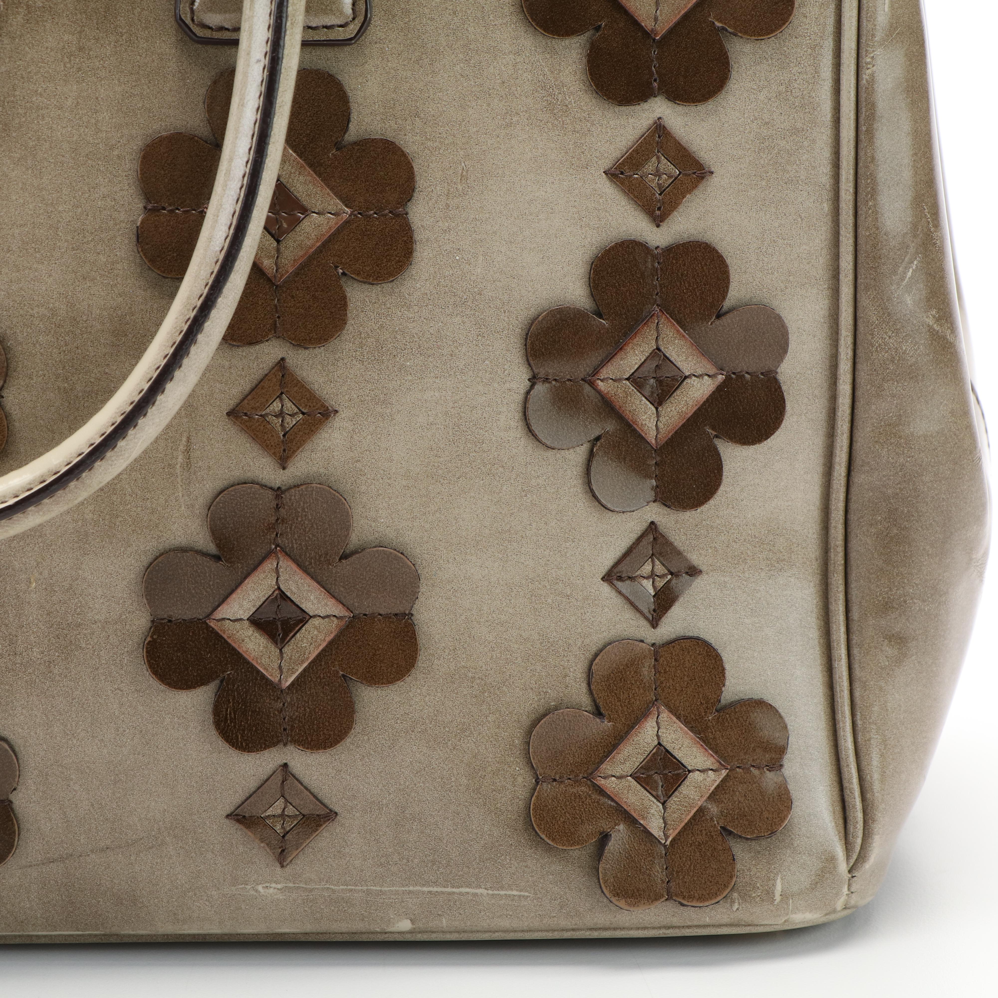Prada 2Way Floral Appliqué Handbag in Brown Beige Spazzolato Leather