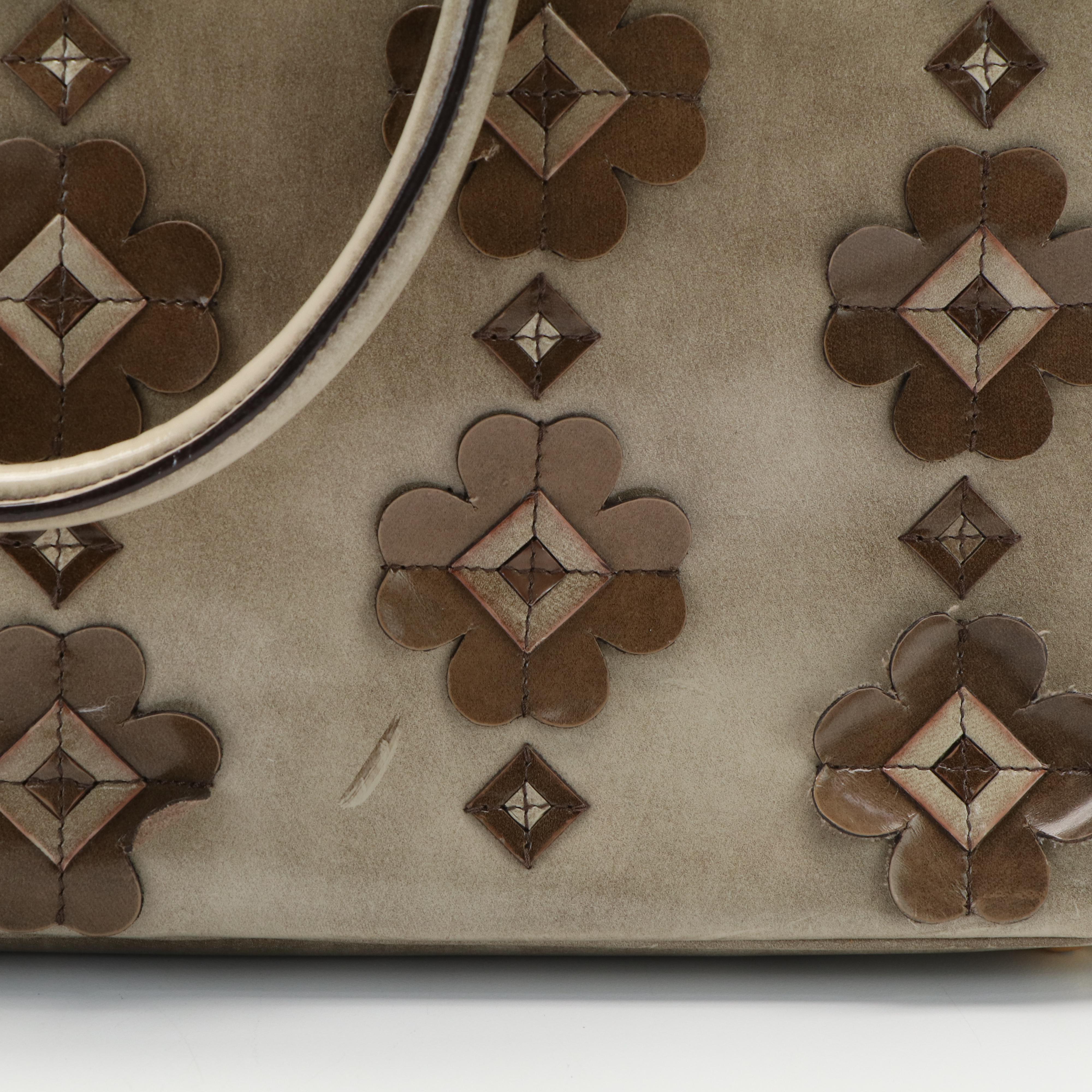 Prada 2Way Floral Appliqué Handbag in Brown Beige Spazzolato Leather