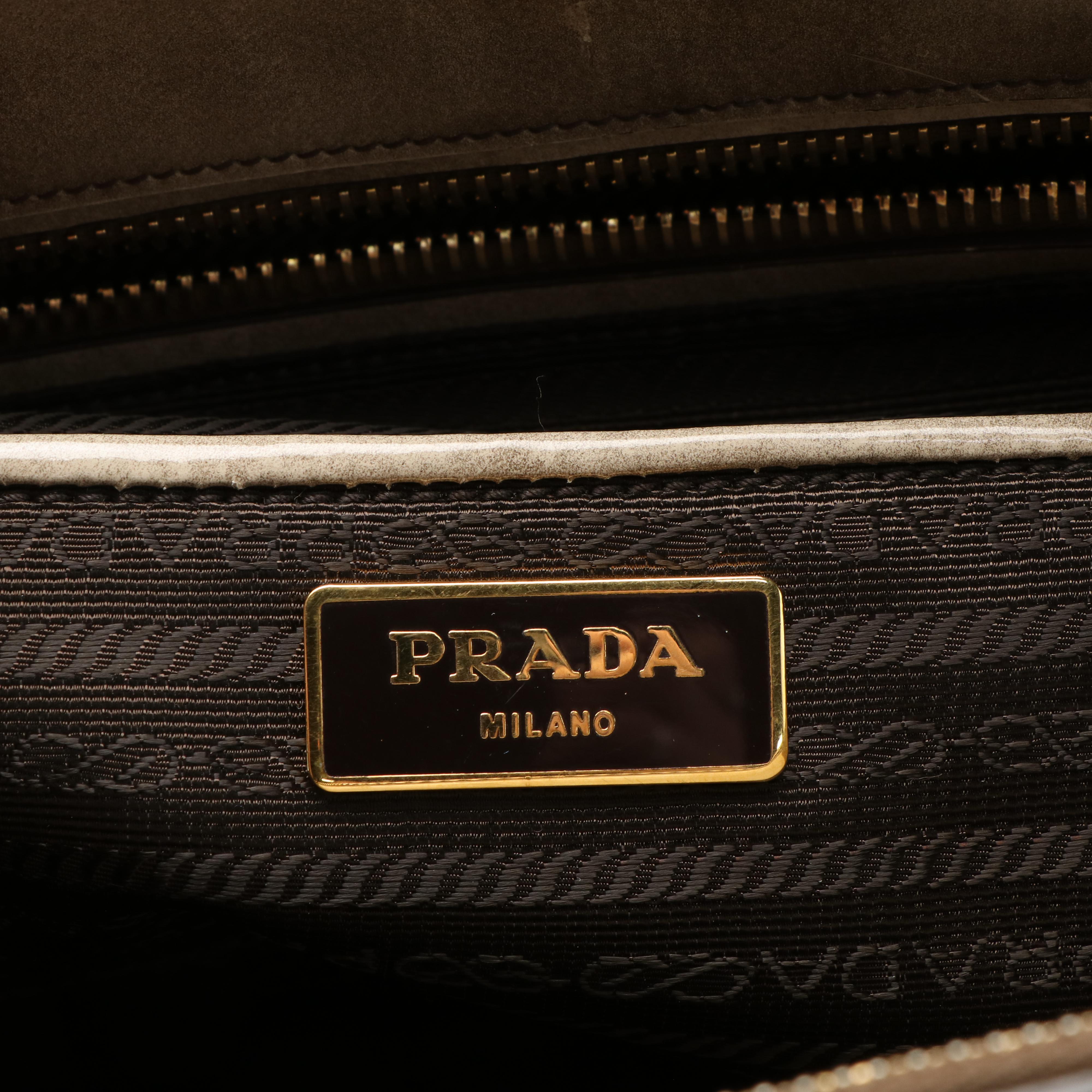 Prada 2Way Floral Appliqué Handbag in Brown Beige Spazzolato Leather