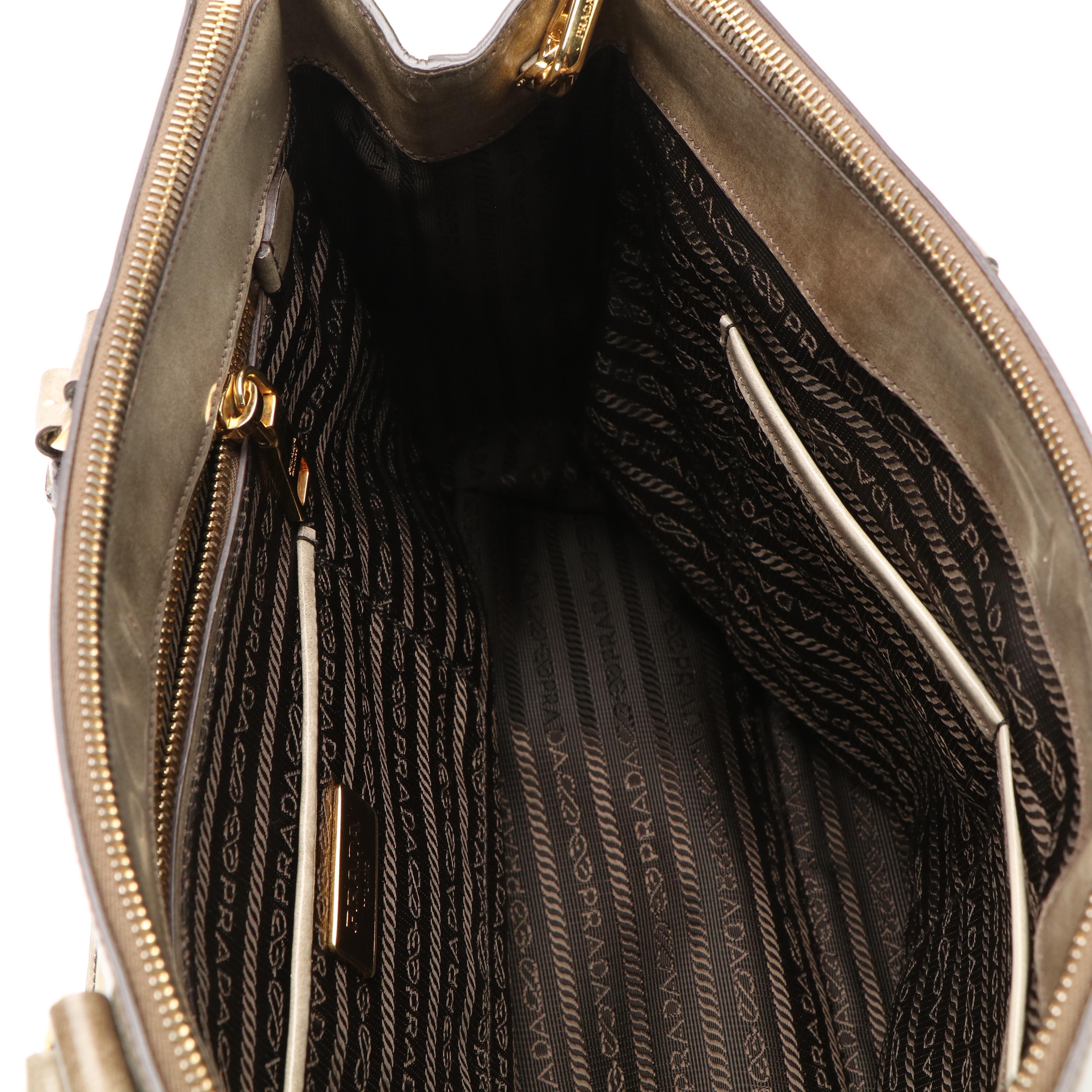 Prada 2Way Floral Appliqué Handbag in Brown Beige Spazzolato Leather