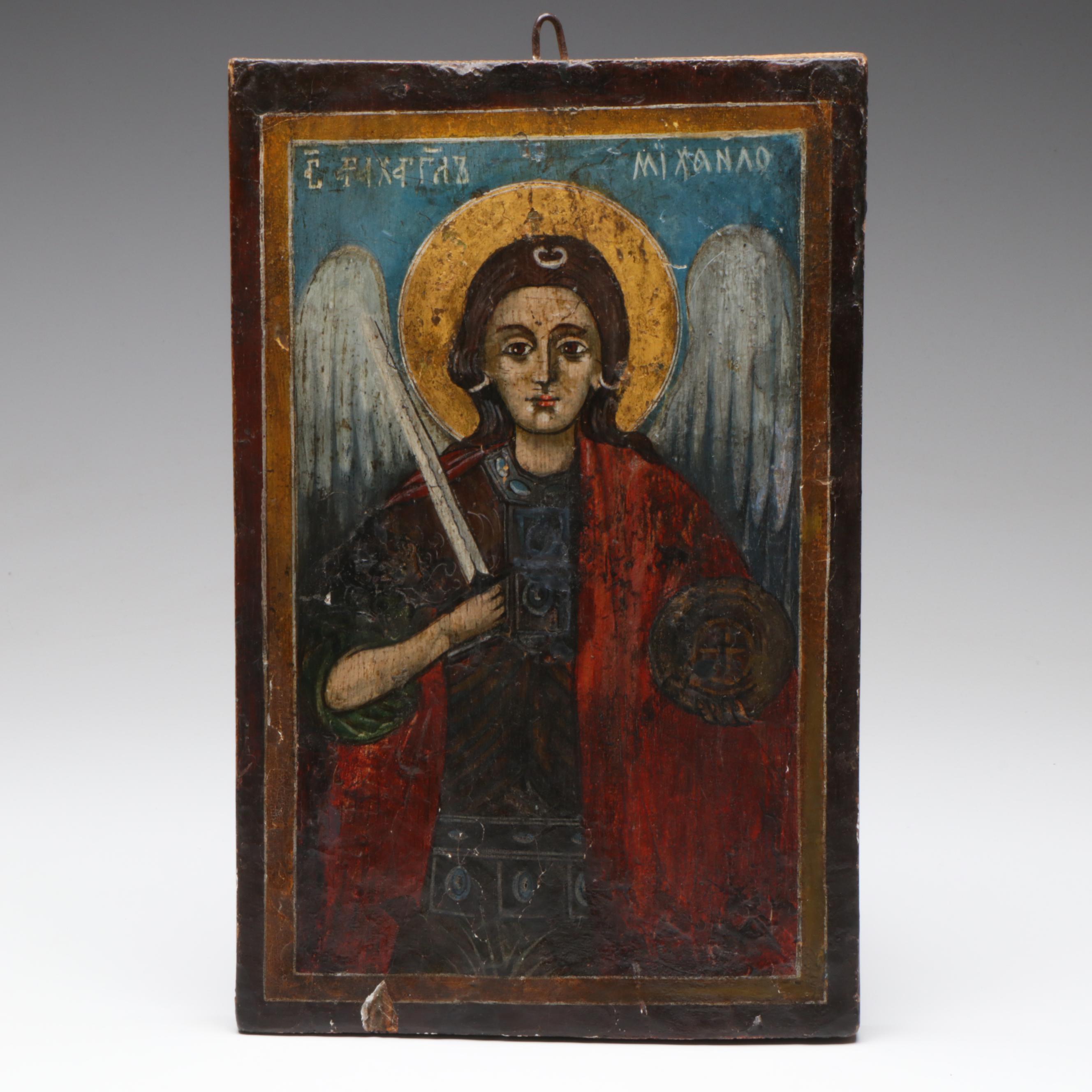 Antique Greek Orthodox Icon of the Archangel Michael, 18th Century