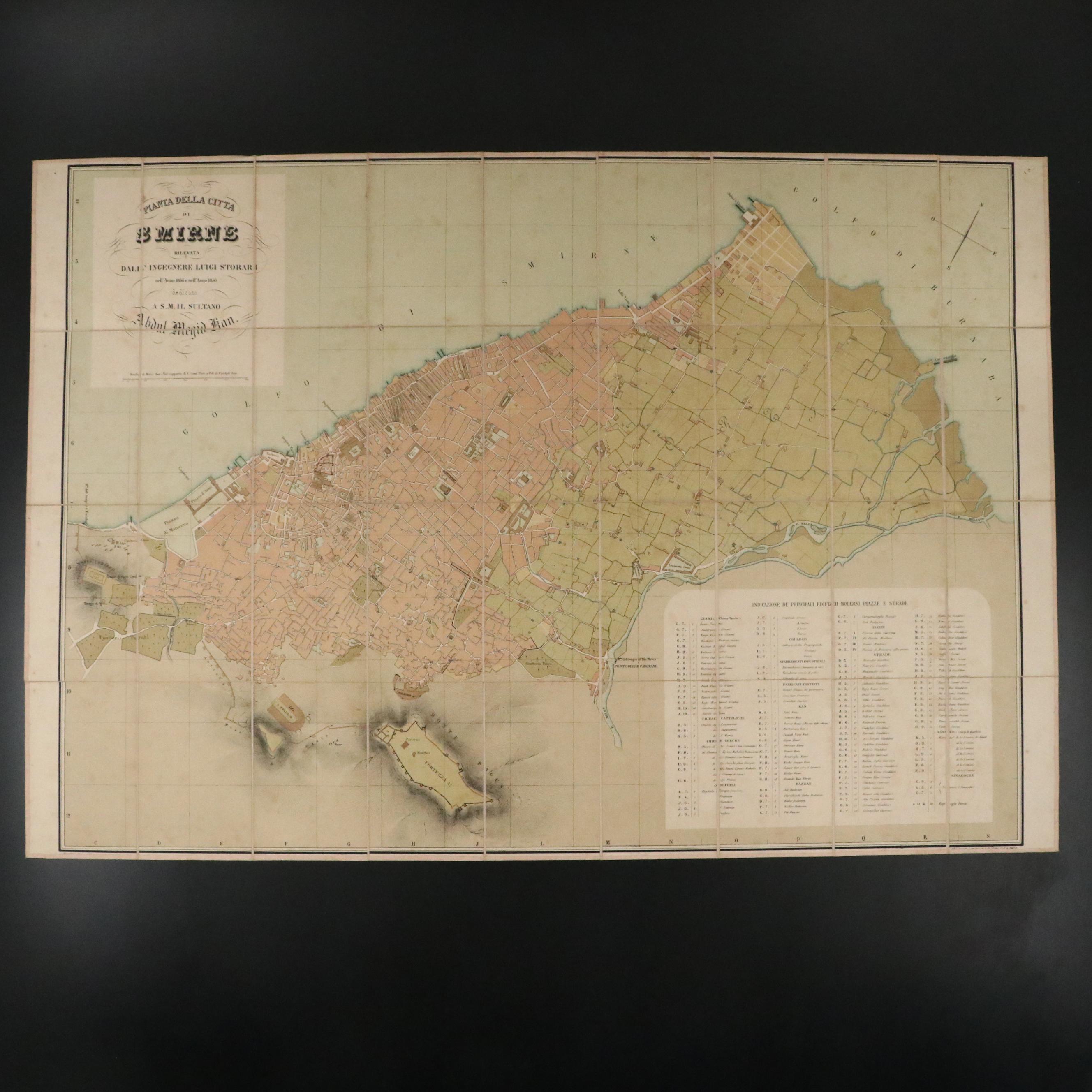 Italian Lithograph Map "Pianta Della Citta di Smirne" by Storari, c. 1854–56