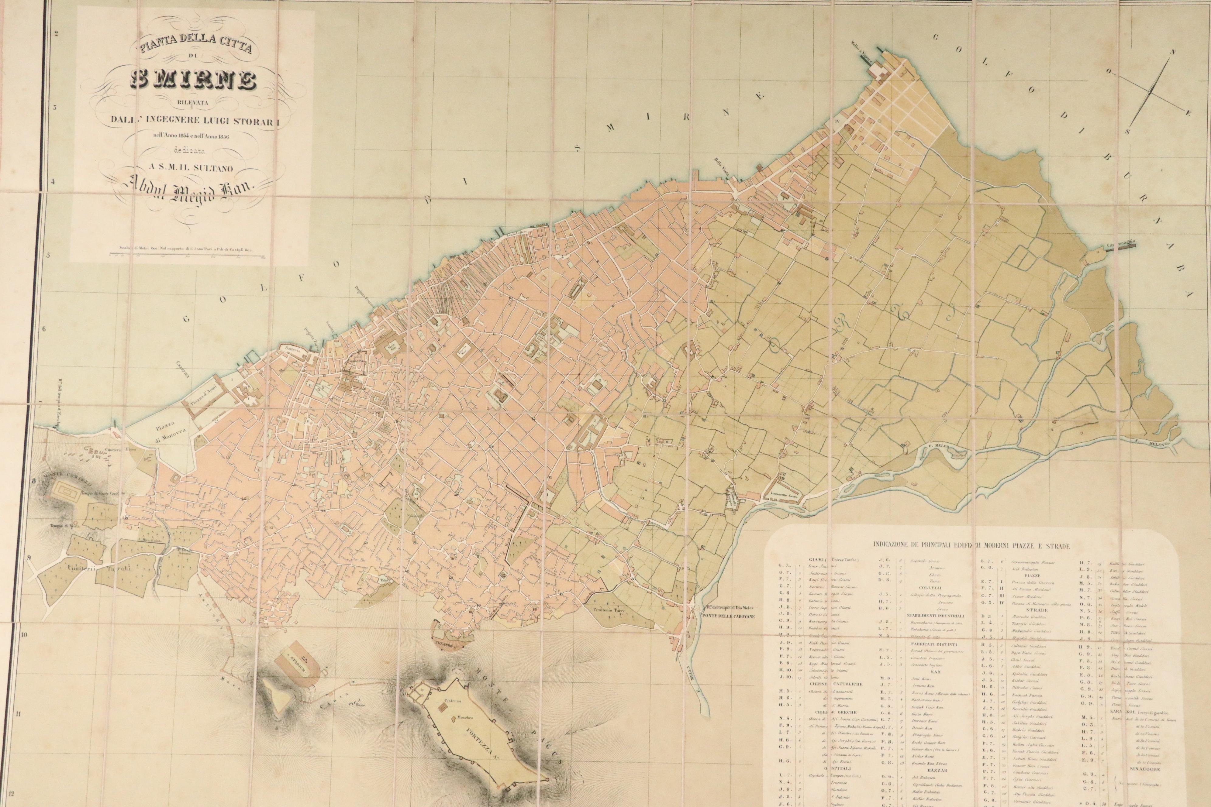 Italian Lithograph Map "Pianta Della Citta di Smirne" by Storari, c. 1854–56