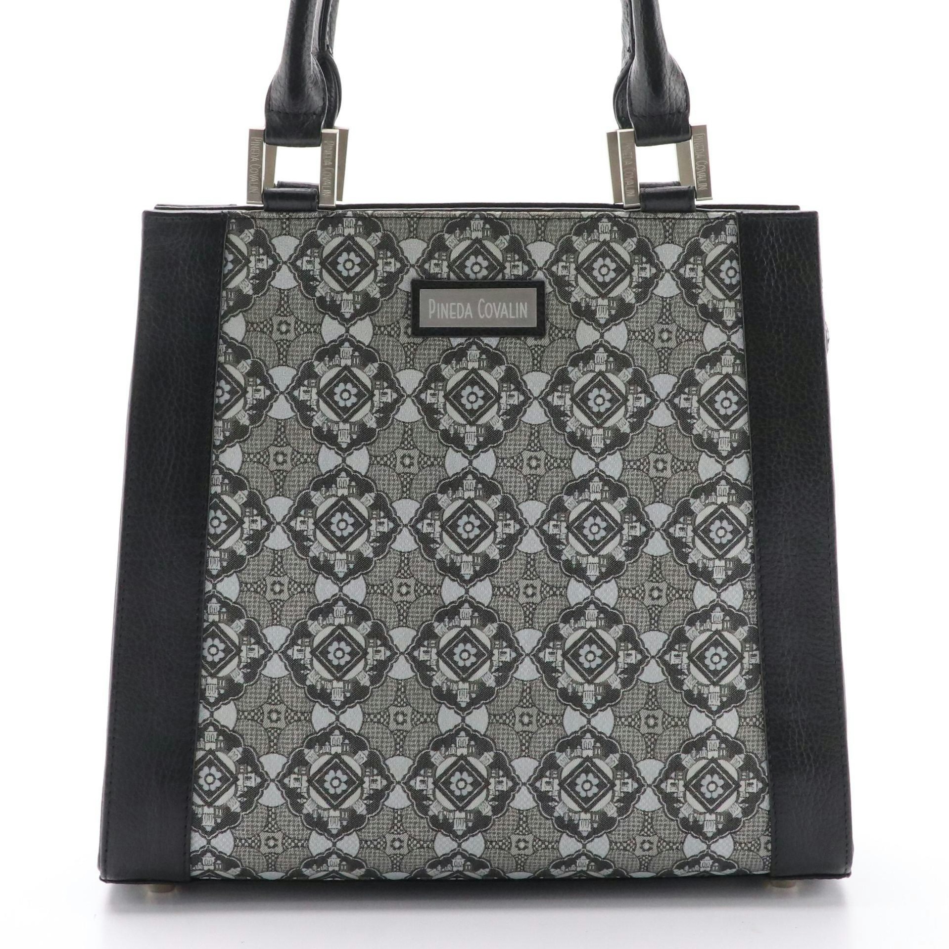 Pineda Covalin Yaab Shoulder Bag in Black Leather and Patterned Canvas