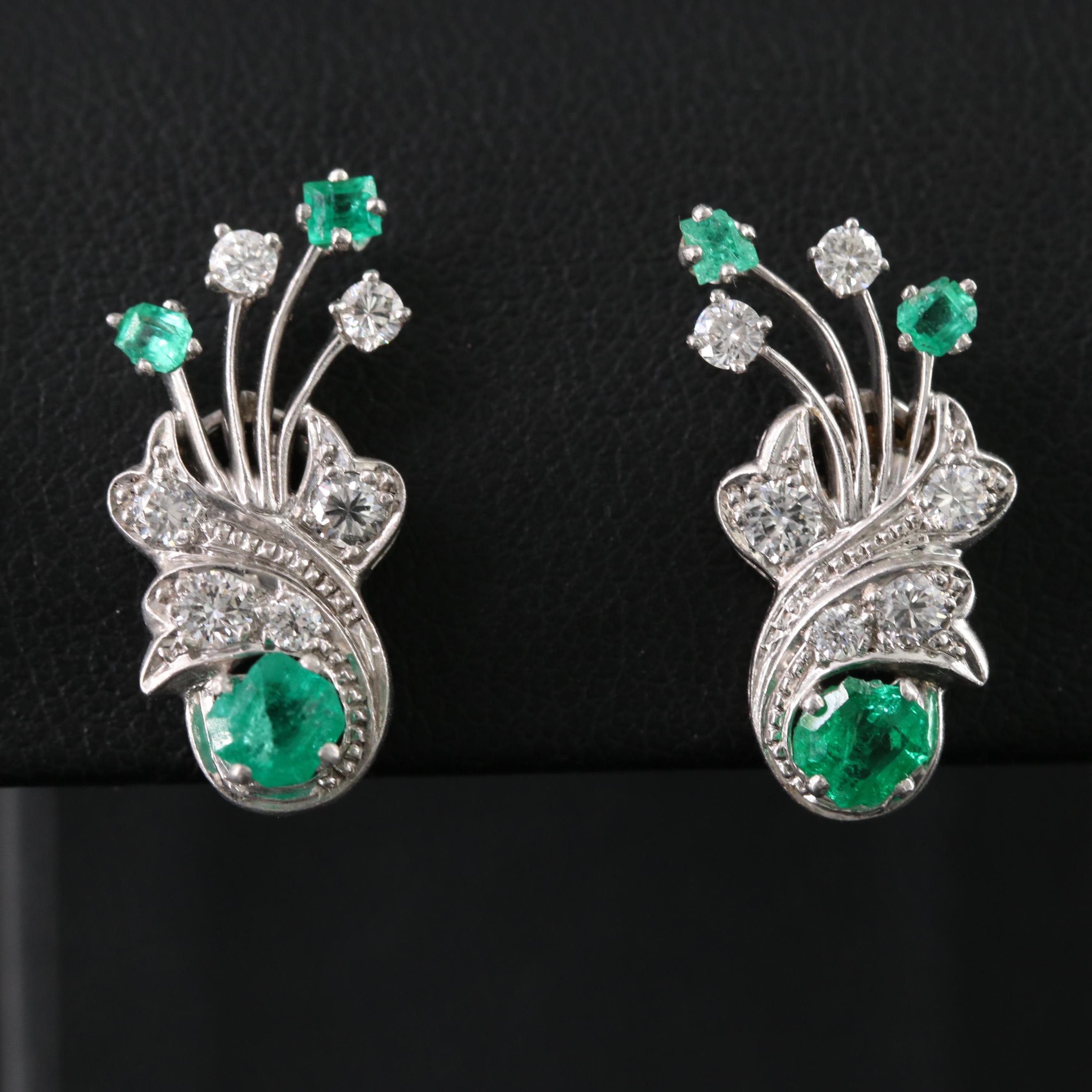 Retro Platinum Emerald and Diamond Earrings
