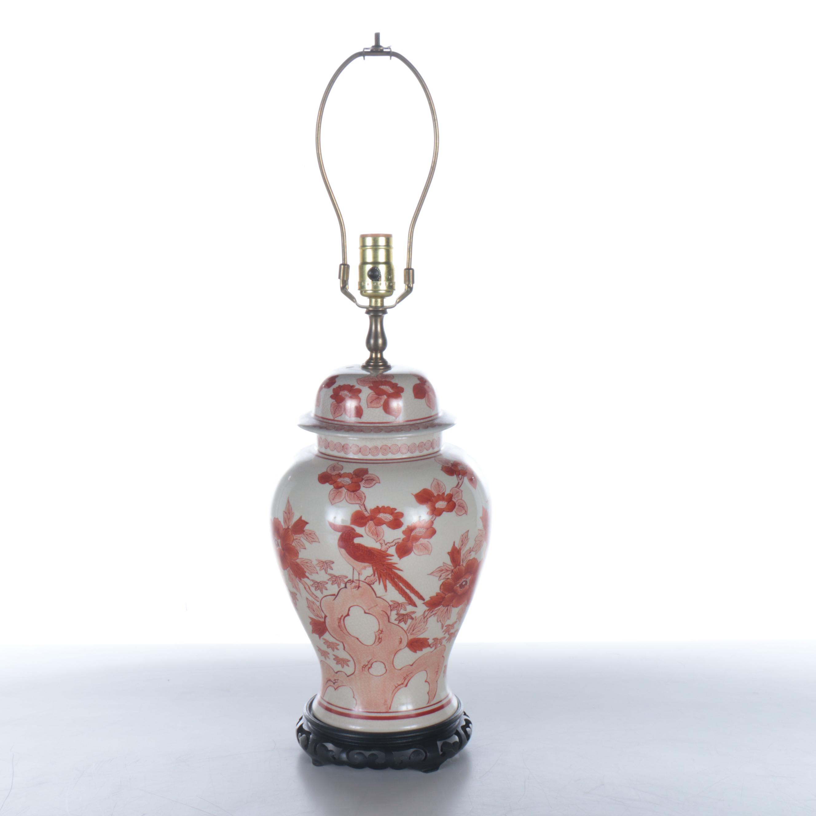 Chinese Hand-Painted Red & White Porcelain Ginger Jar Lamp with Pleated Shade