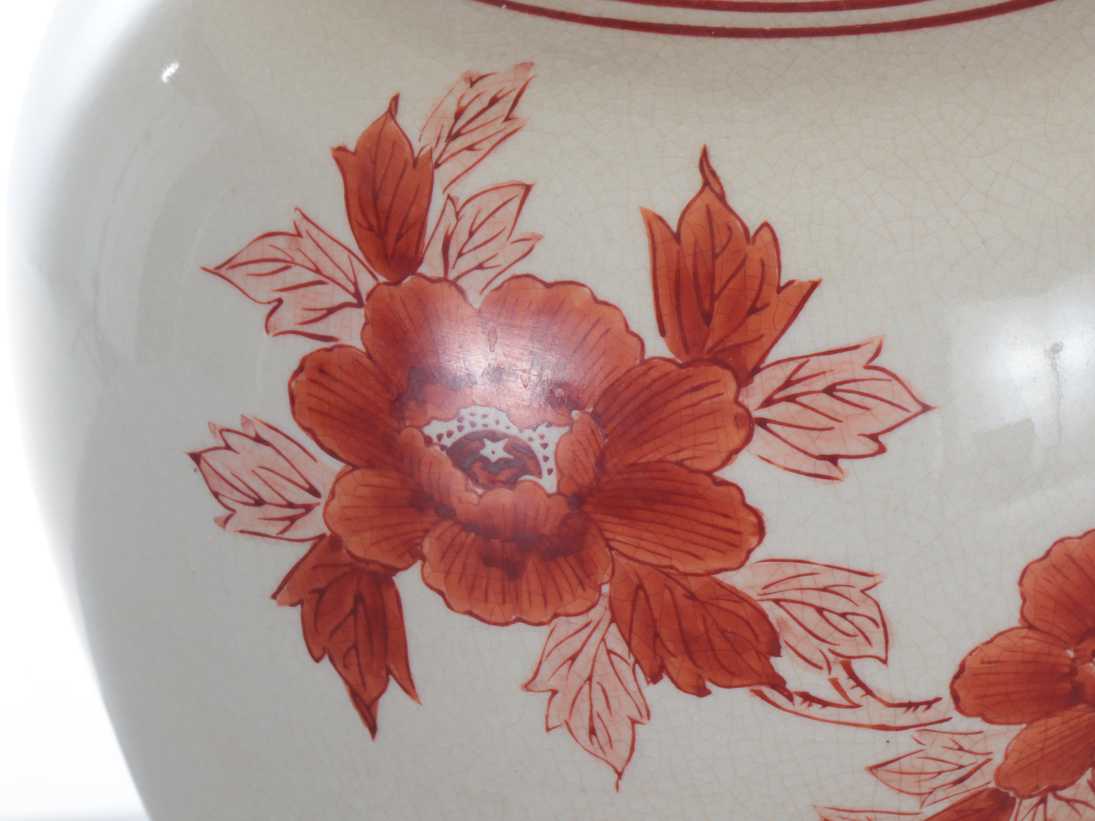 Chinese Hand-Painted Red & White Porcelain Ginger Jar Lamp with Pleated Shade