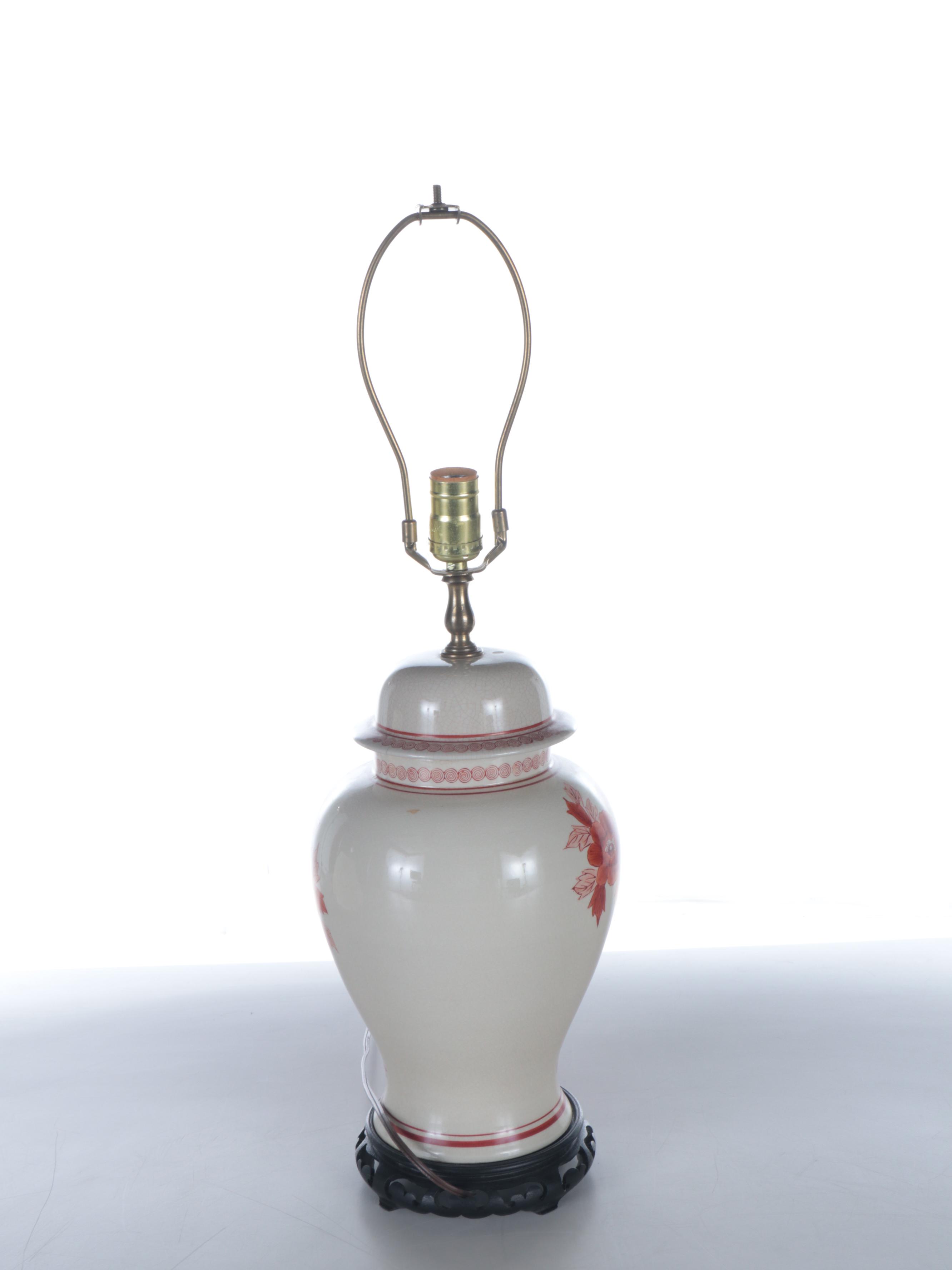 Chinese Hand-Painted Red & White Porcelain Ginger Jar Lamp with Pleated Shade