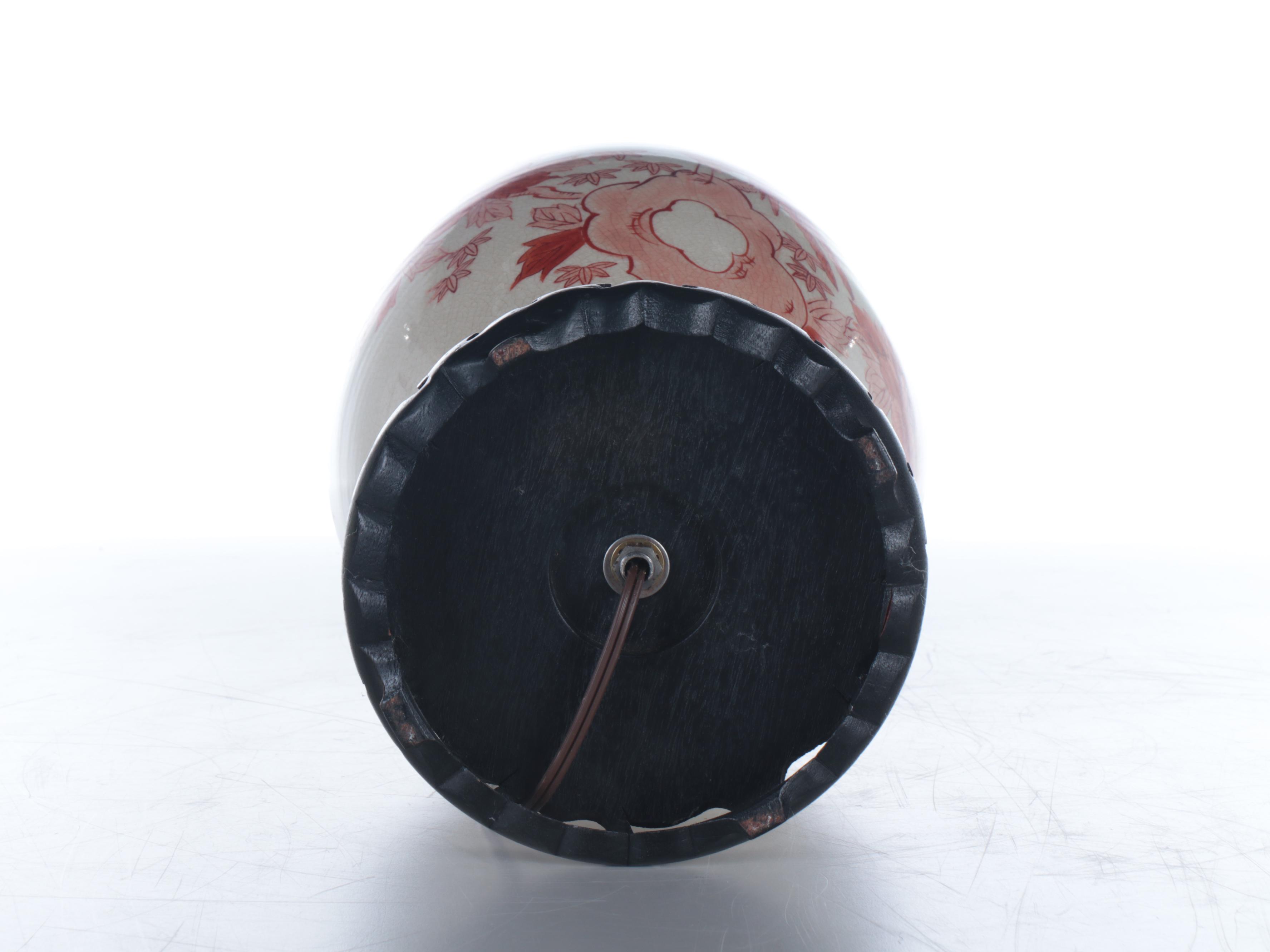 Chinese Hand-Painted Red & White Porcelain Ginger Jar Lamp with Pleated Shade