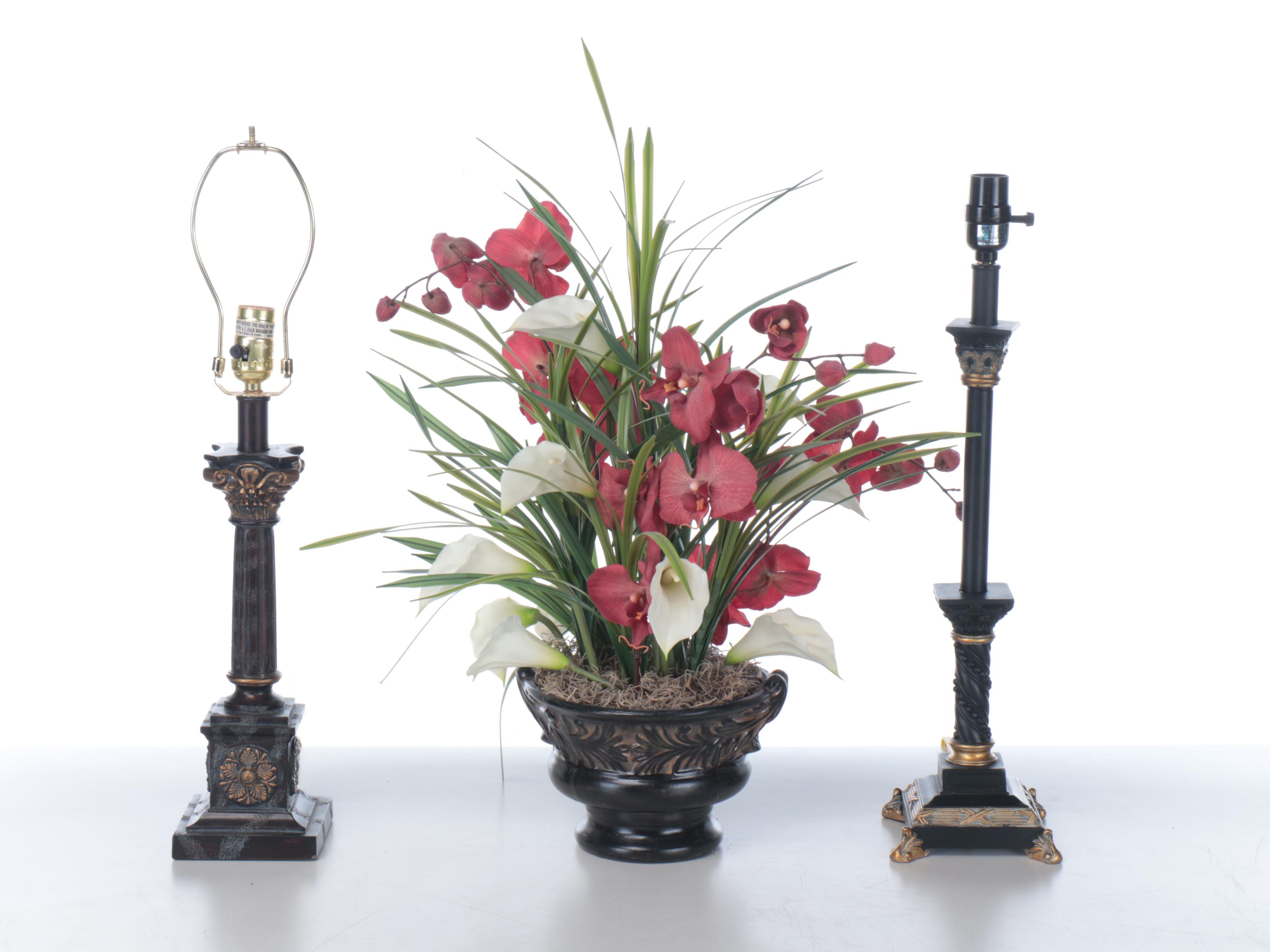 Neoclassical Style Candlestick Lamps, Faux Orchid & Calla Lily Arrangement