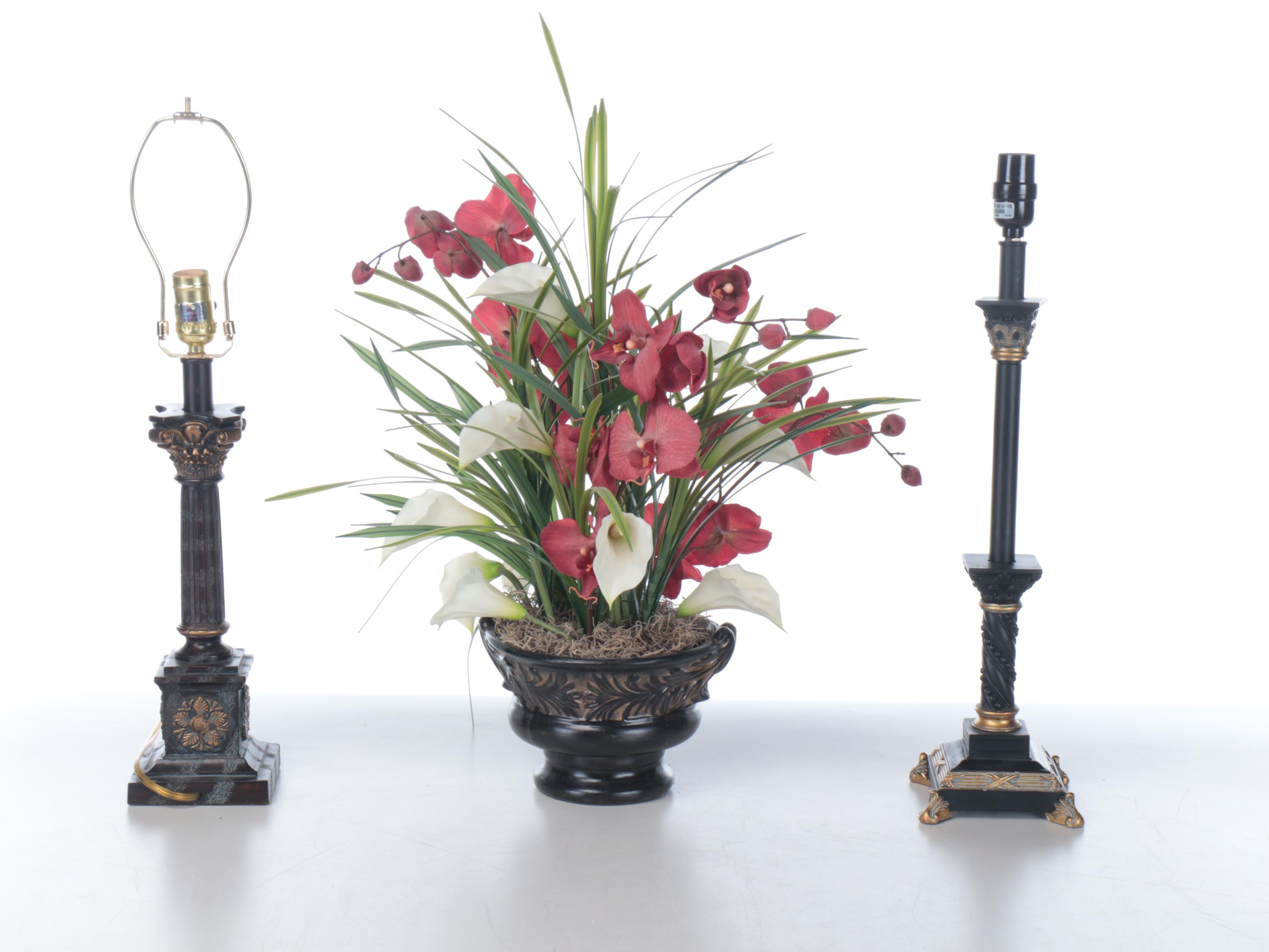 Neoclassical Style Candlestick Lamps, Faux Orchid & Calla Lily Arrangement