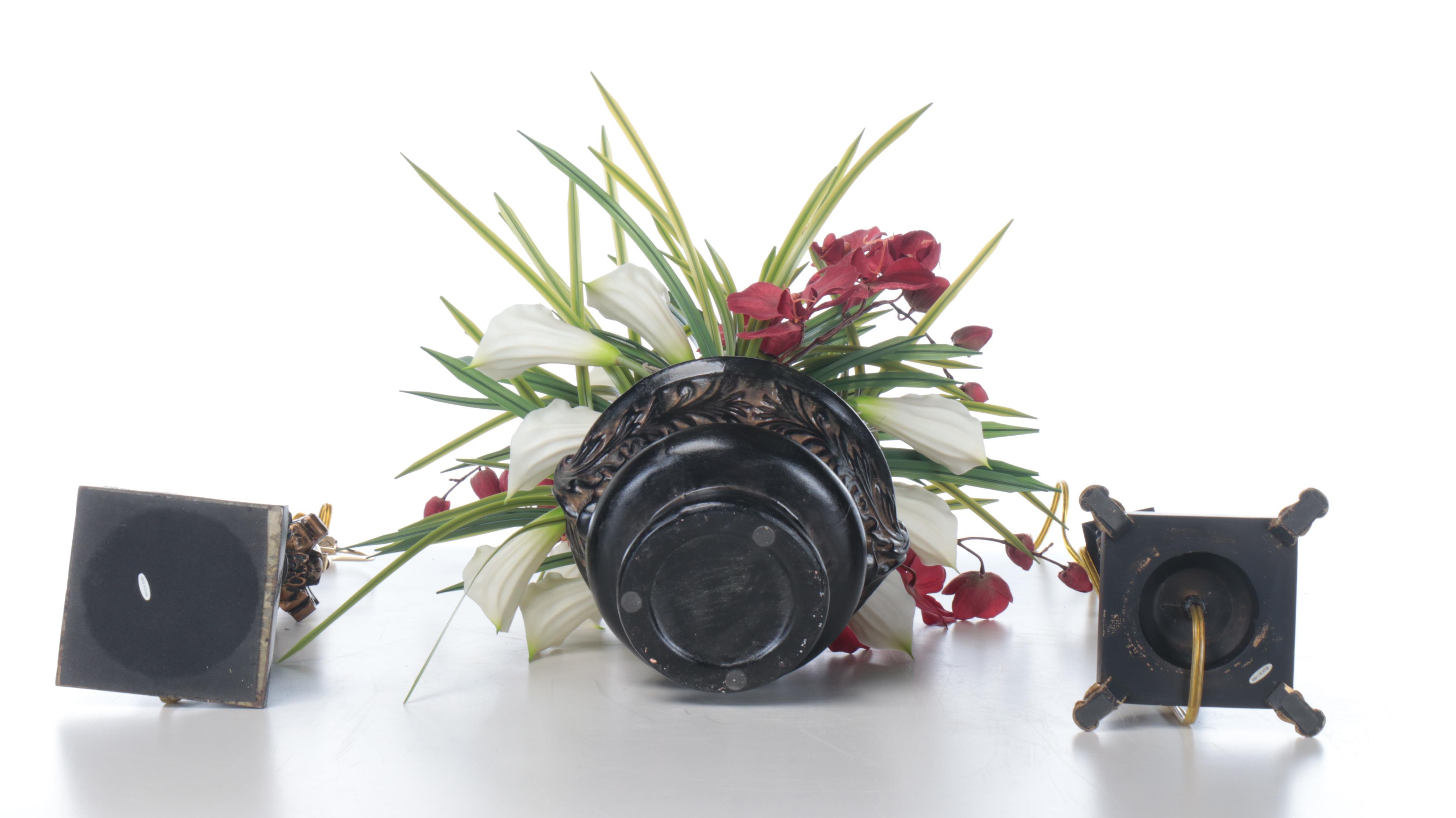 Neoclassical Style Candlestick Lamps, Faux Orchid & Calla Lily Arrangement