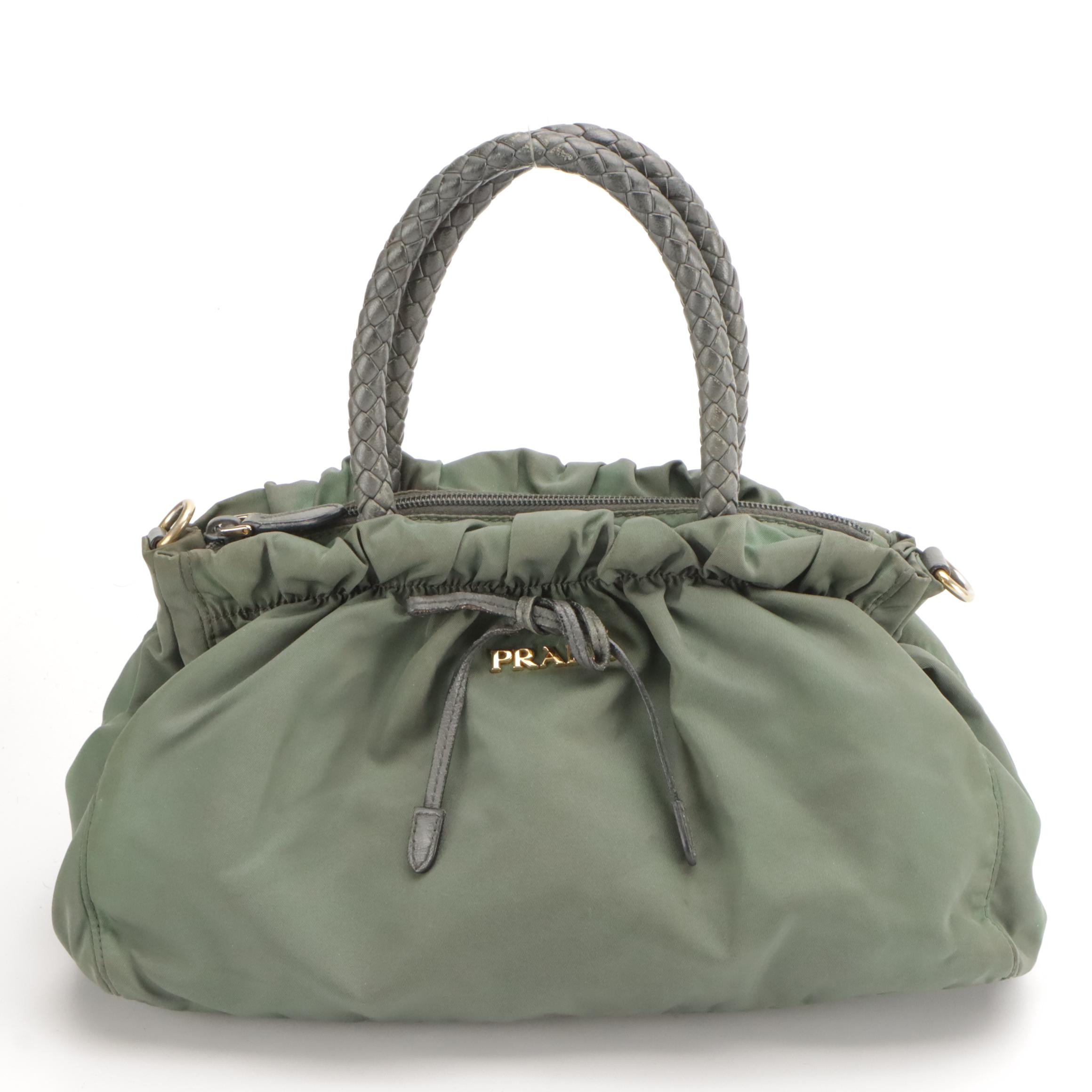 Prada Sage Green Tessuto Nylon and Braided Leather Handle Two-Way Bag