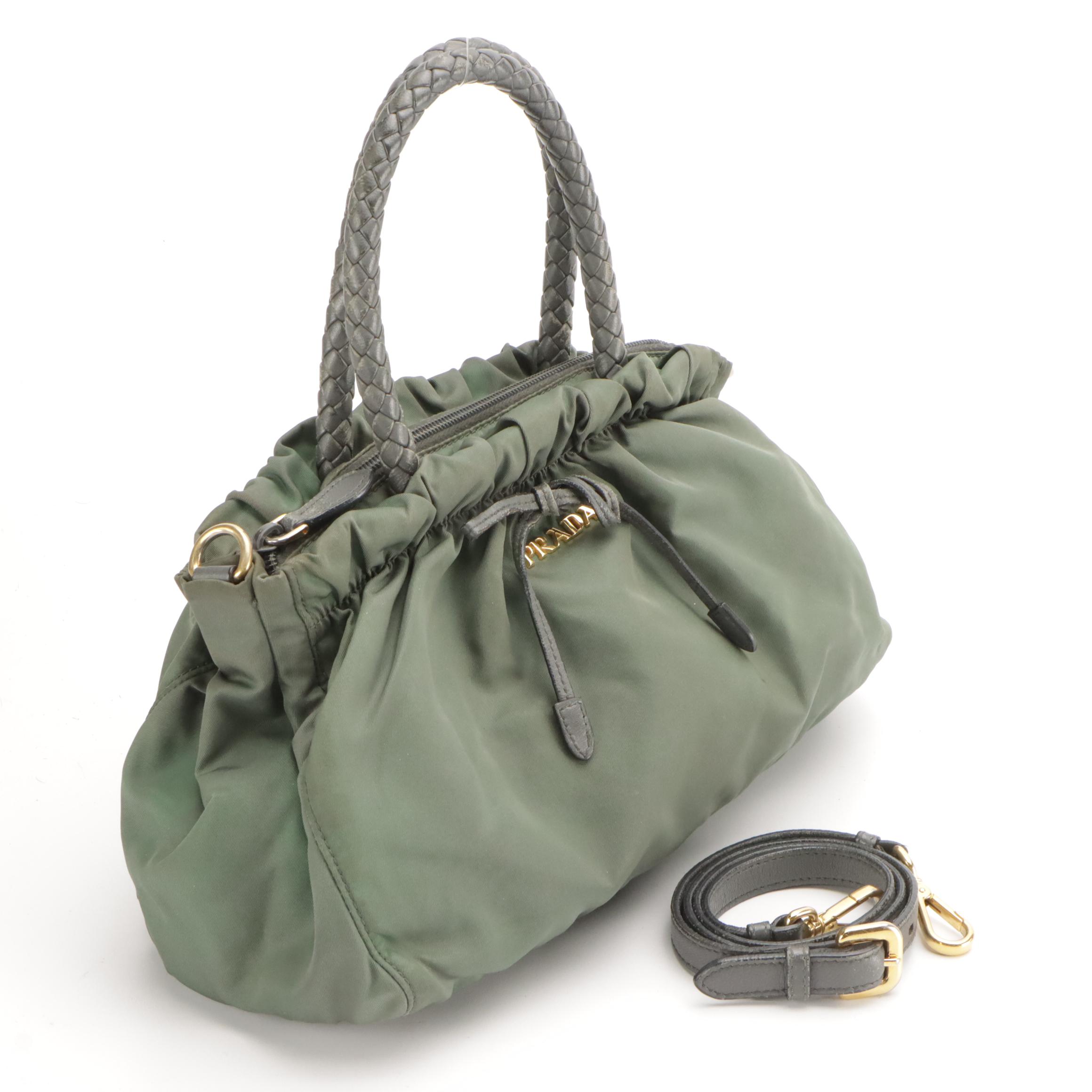 Prada Sage Green Tessuto Nylon and Braided Leather Handle Two-Way Bag