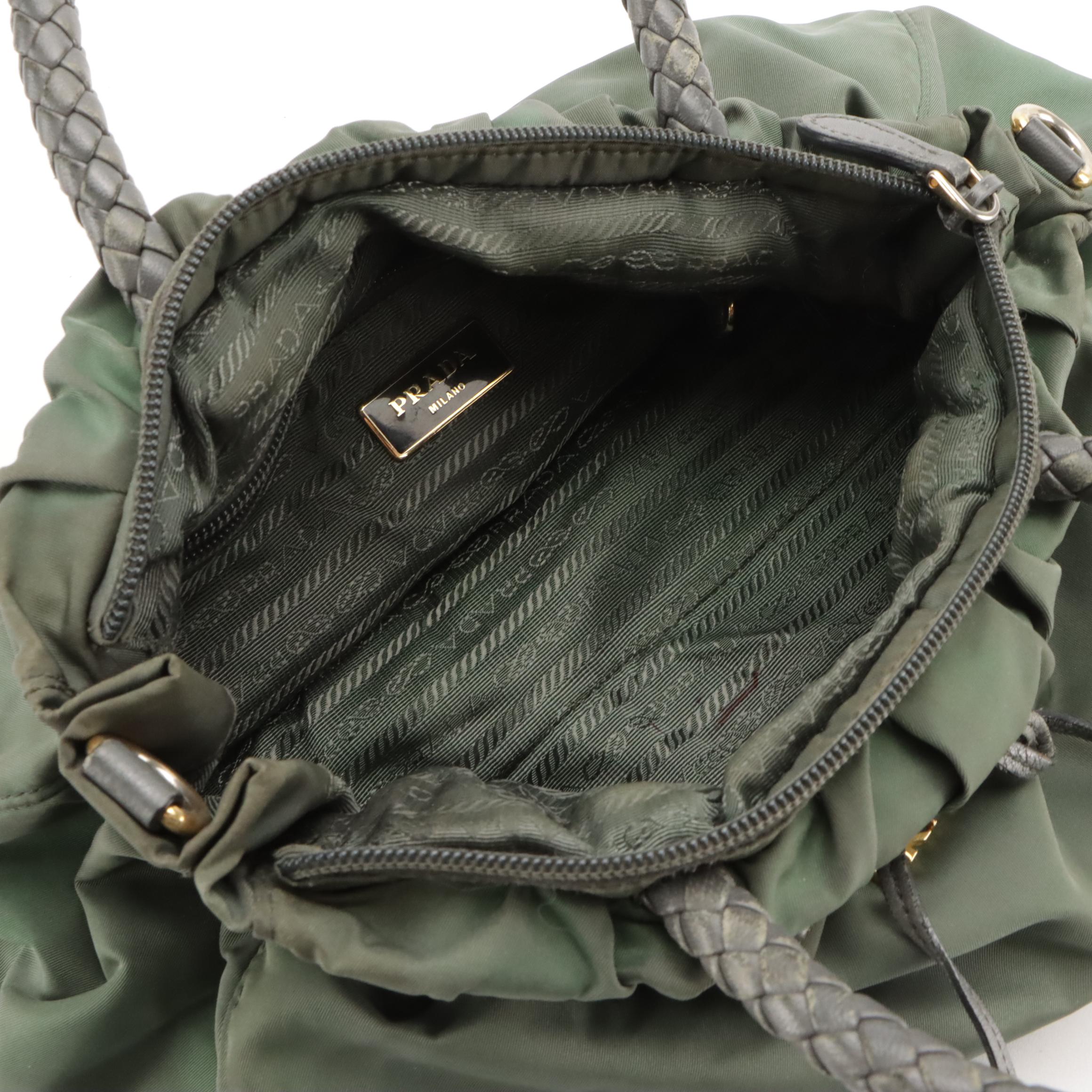 Prada Sage Green Tessuto Nylon and Braided Leather Handle Two-Way Bag