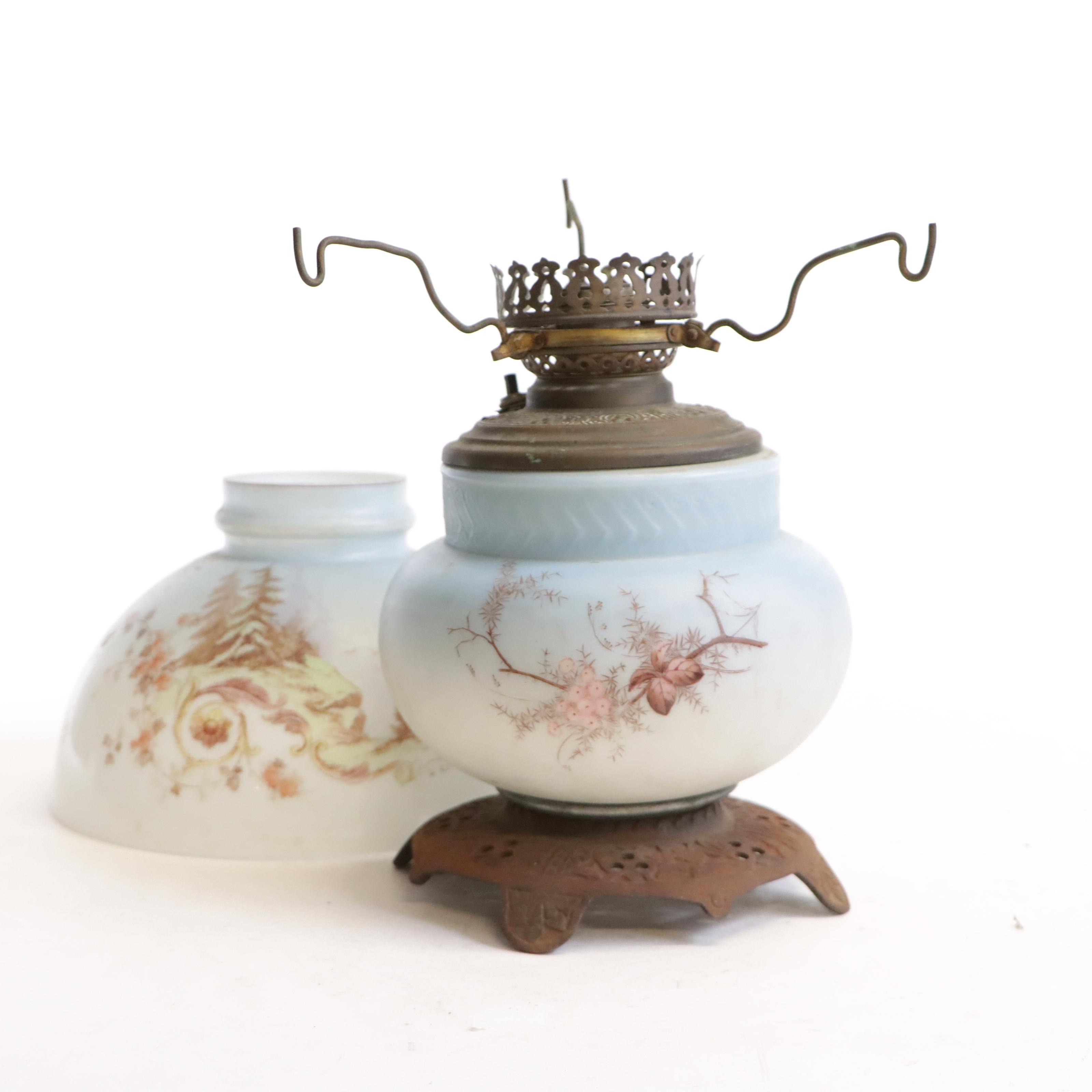 Victorian Style Glass and Iron Oil Lamp and Converted Oil Lamp