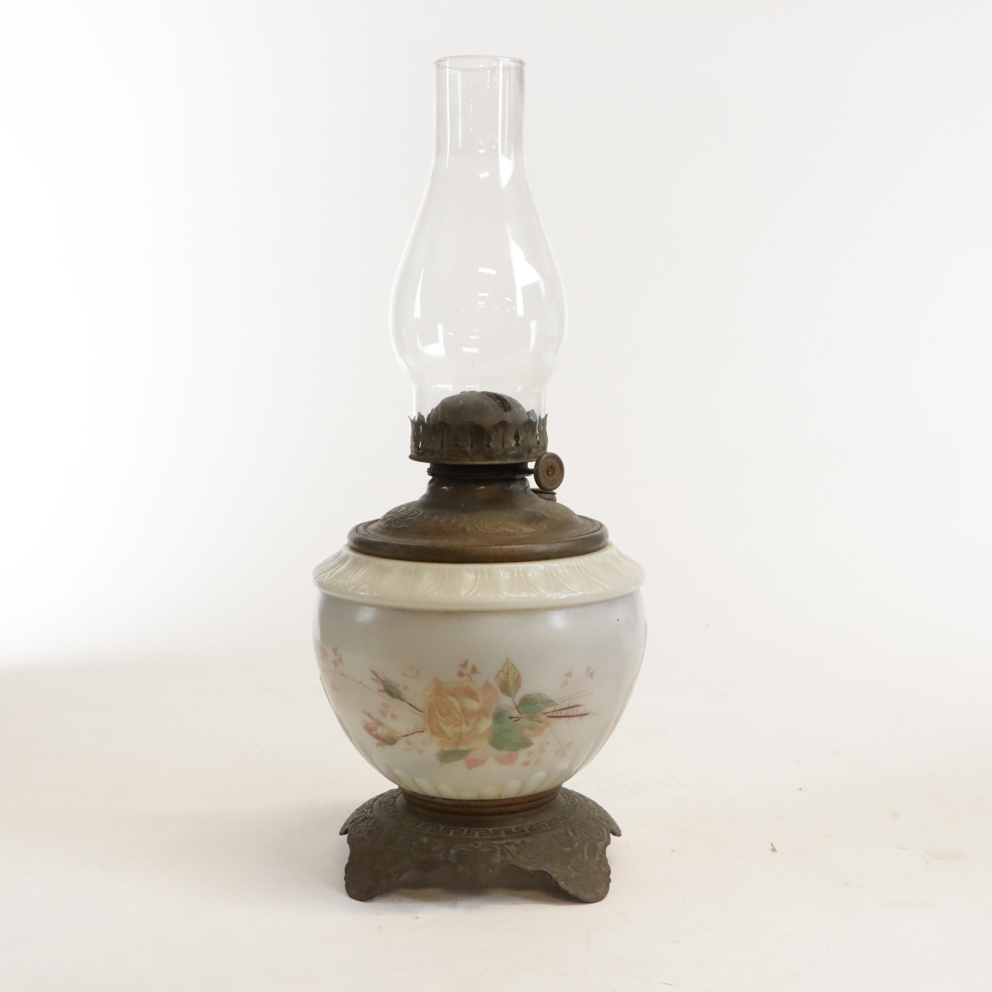 Victorian Style Glass and Iron Oil Lamp and Converted Oil Lamp