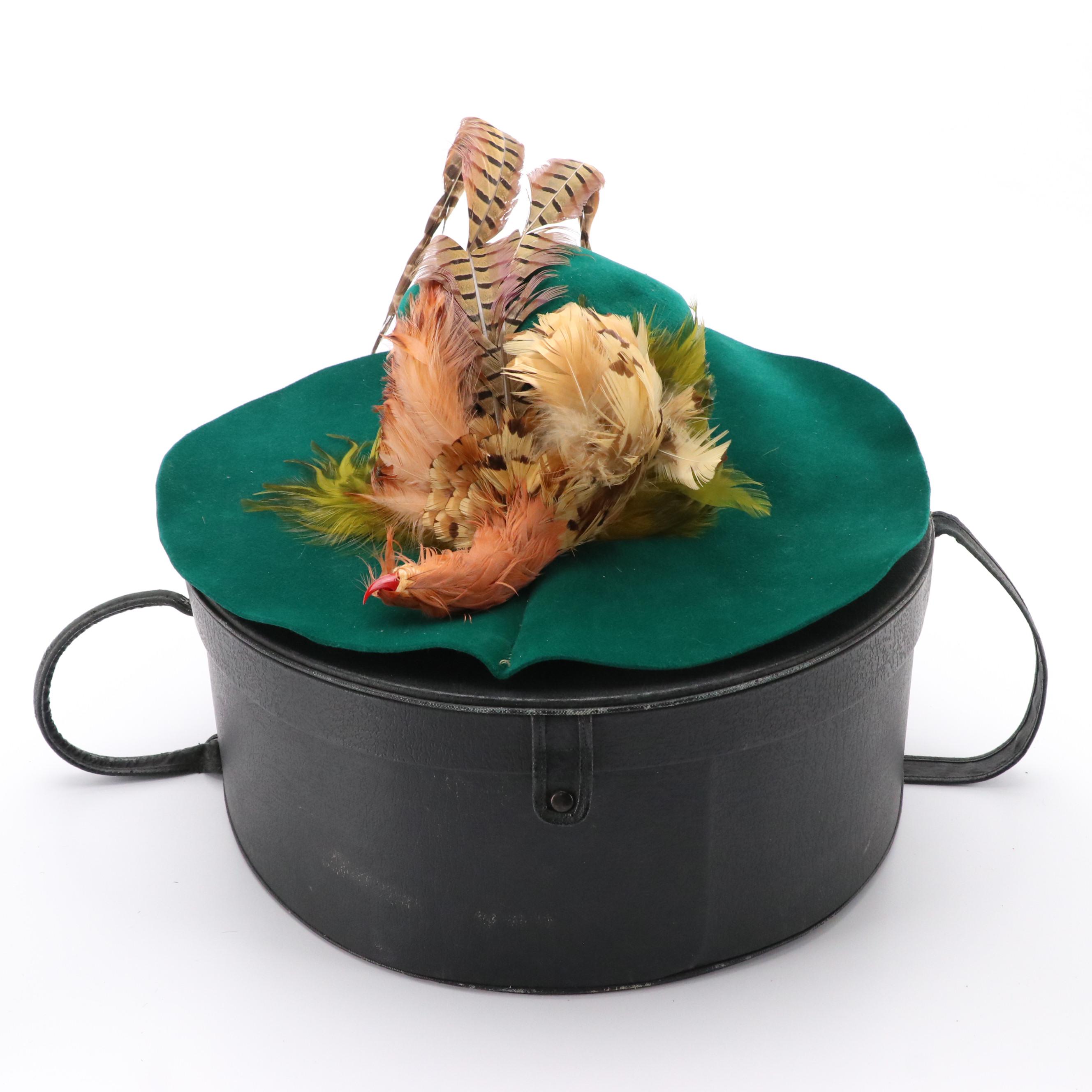 Flamand Vintage Emerald Green Velour Pheasant Feather Wide Brim Hat with Box