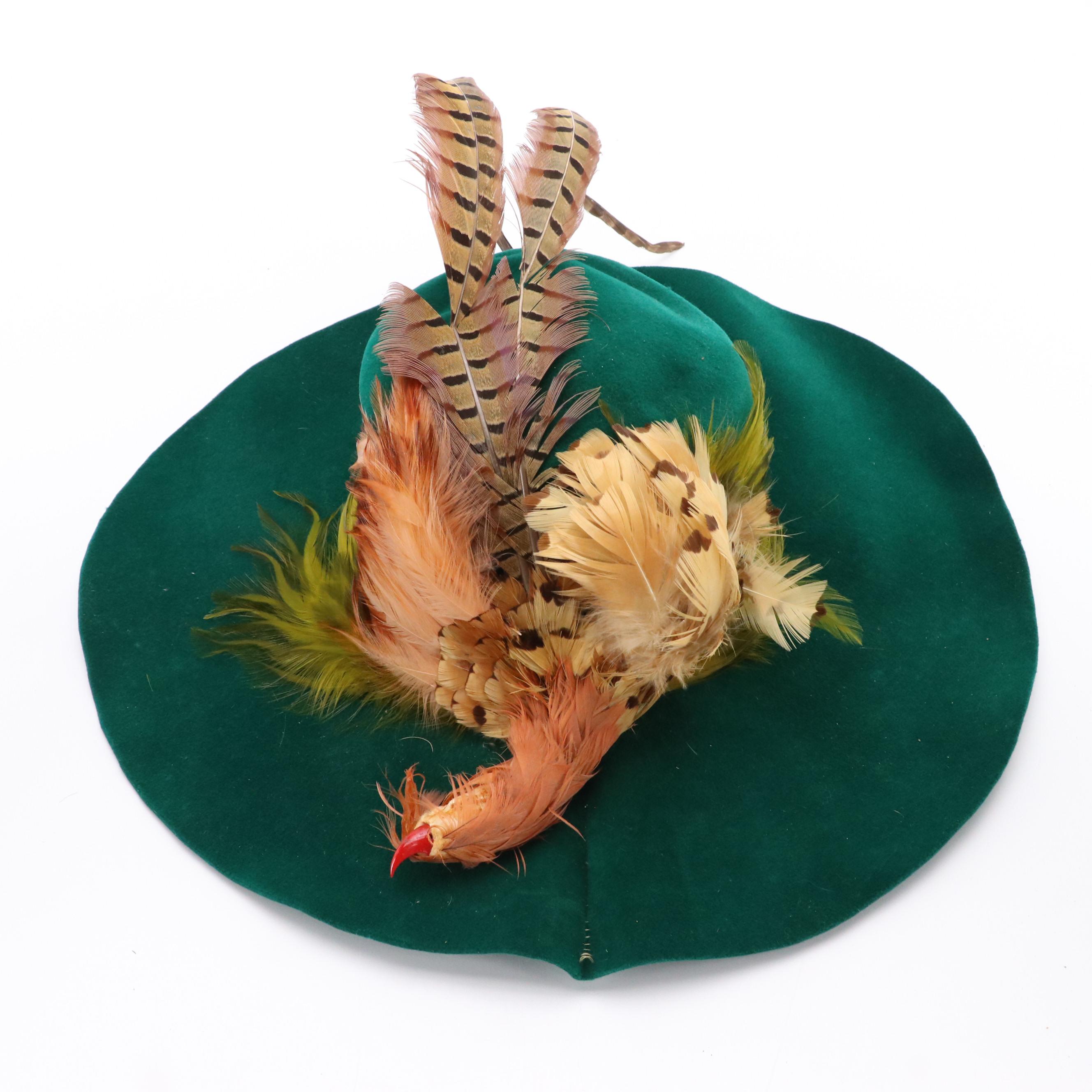 Flamand Vintage Emerald Green Velour Pheasant Feather Wide Brim Hat with Box