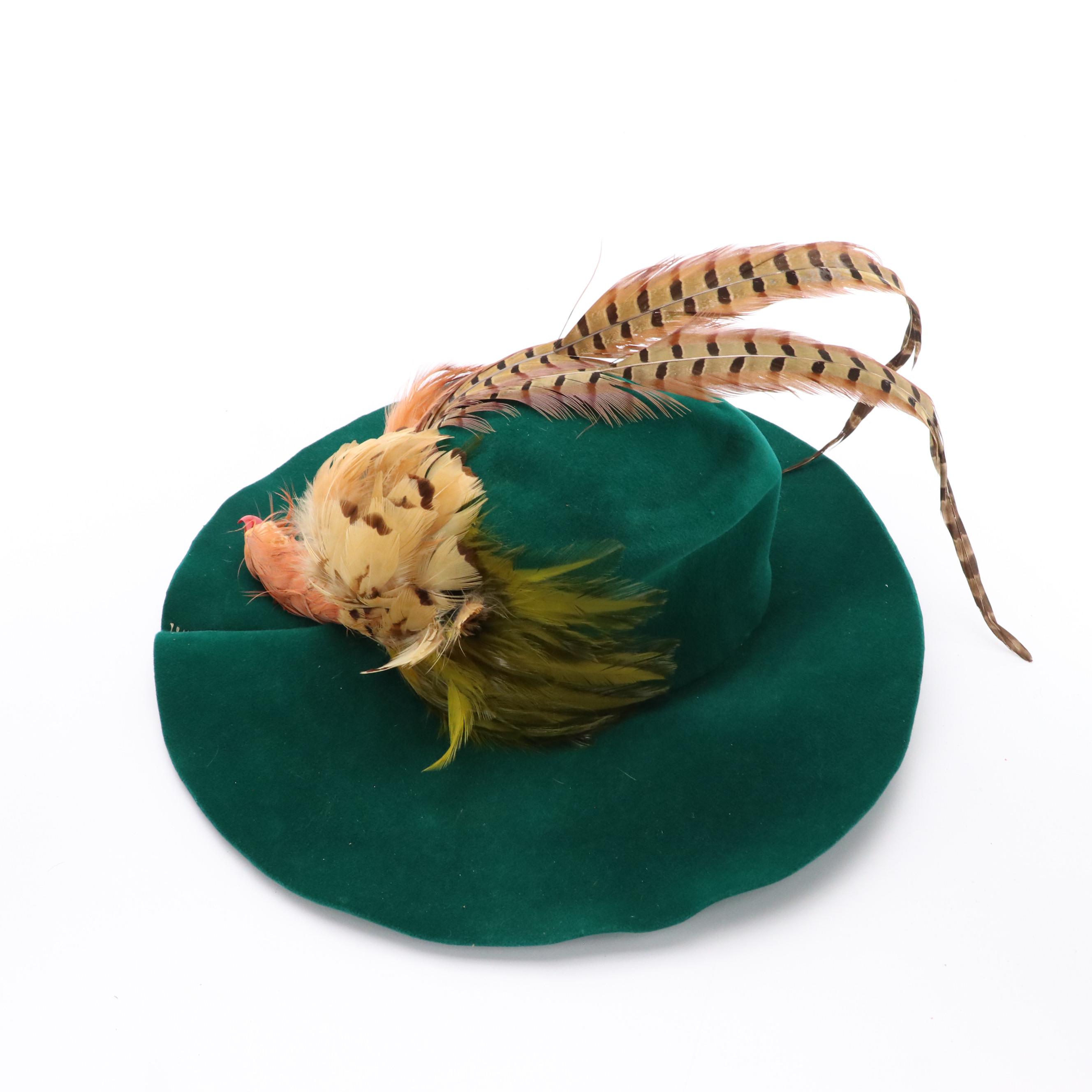 Flamand Vintage Emerald Green Velour Pheasant Feather Wide Brim Hat with Box