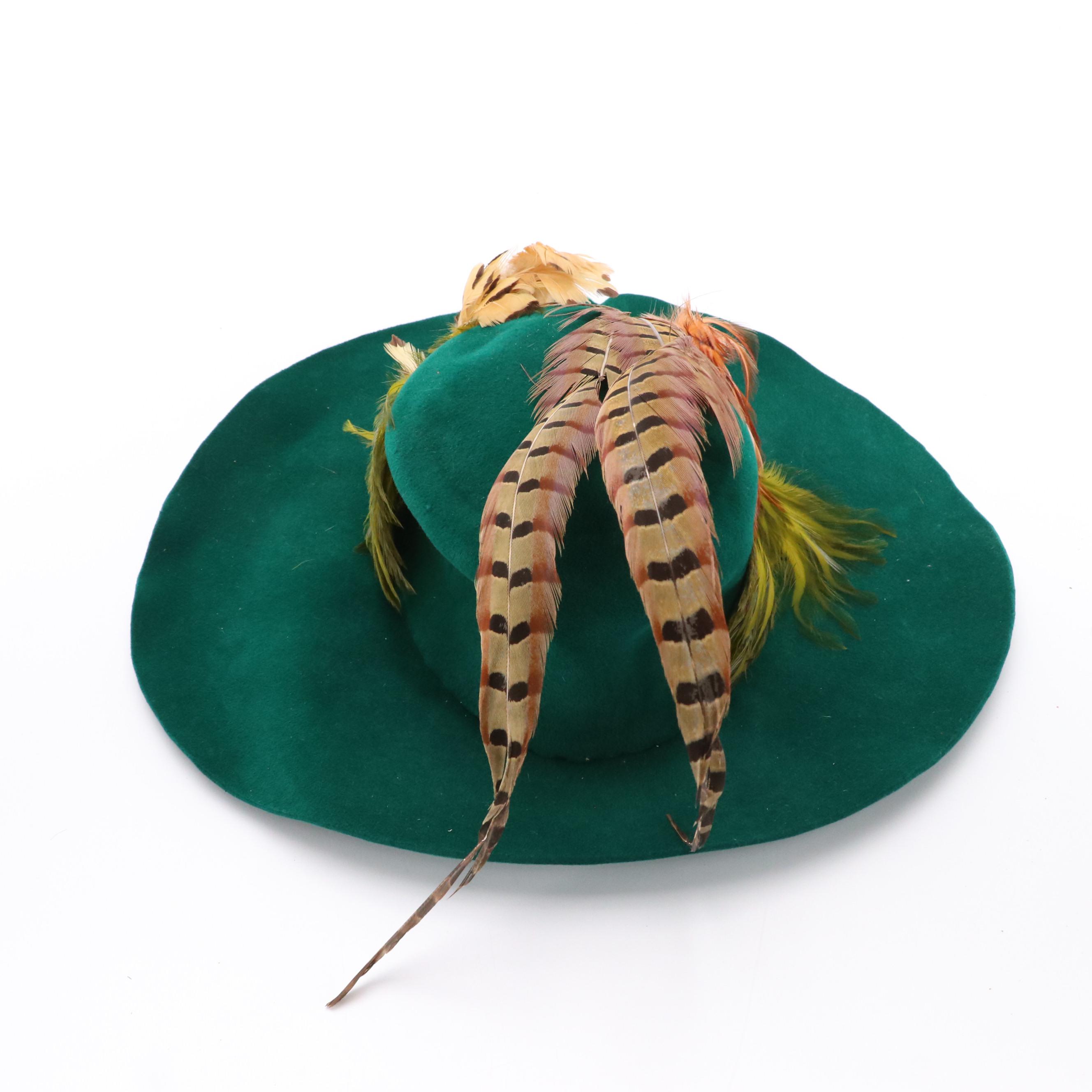 Flamand Vintage Emerald Green Velour Pheasant Feather Wide Brim Hat with Box