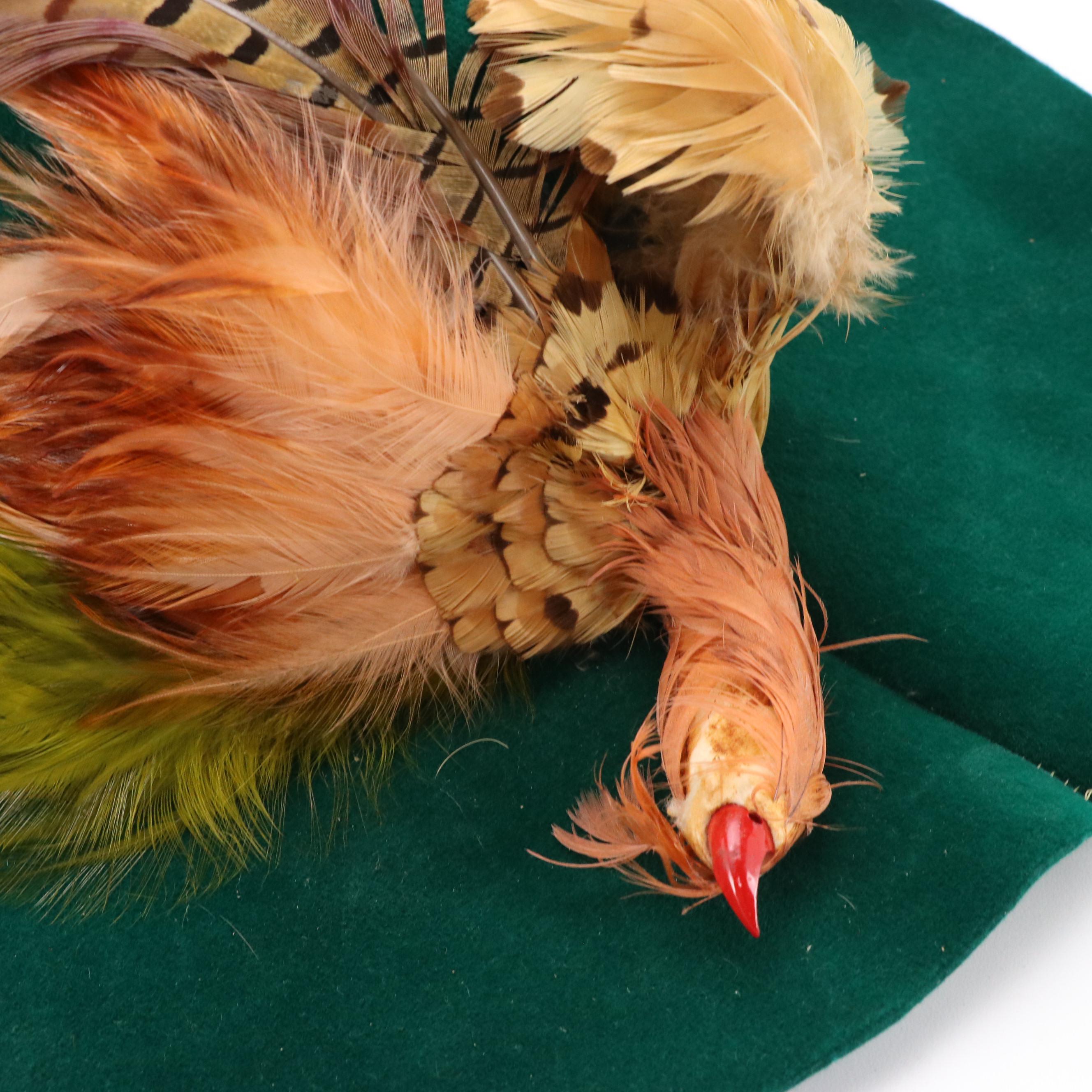 Flamand Vintage Emerald Green Velour Pheasant Feather Wide Brim Hat with Box