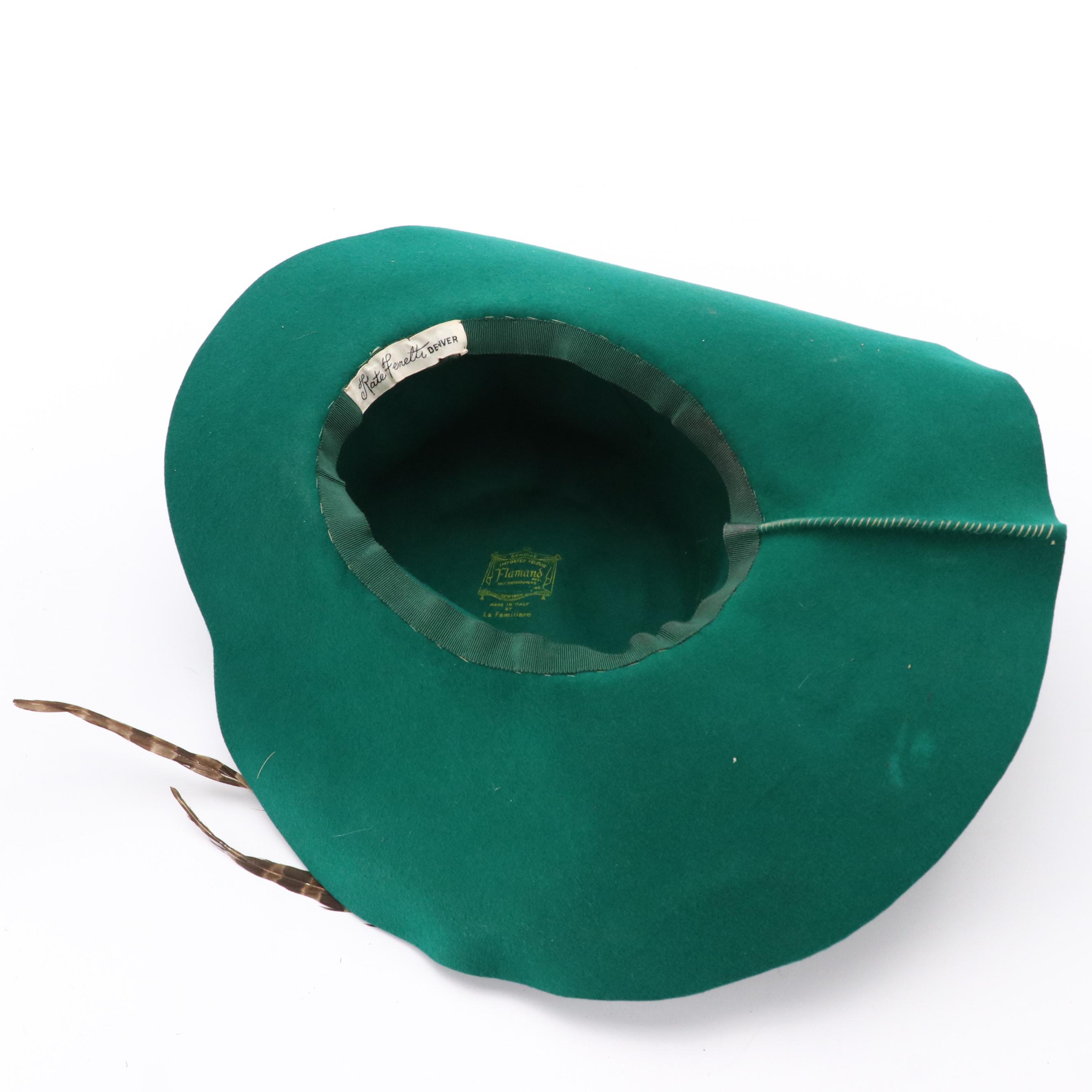 Flamand Vintage Emerald Green Velour Pheasant Feather Wide Brim Hat with Box