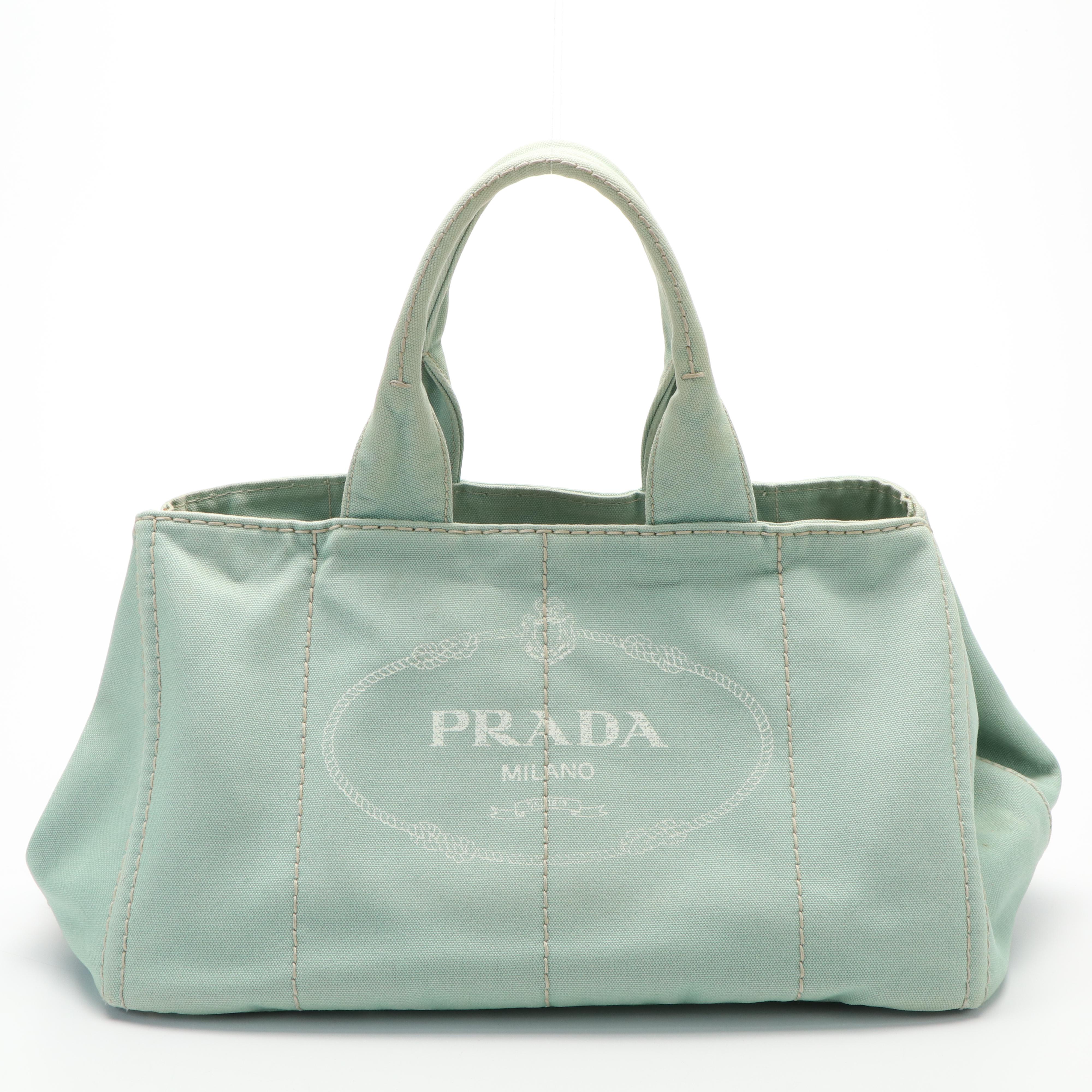 Prada Canapa Logo Tote Bag in Green Canvas