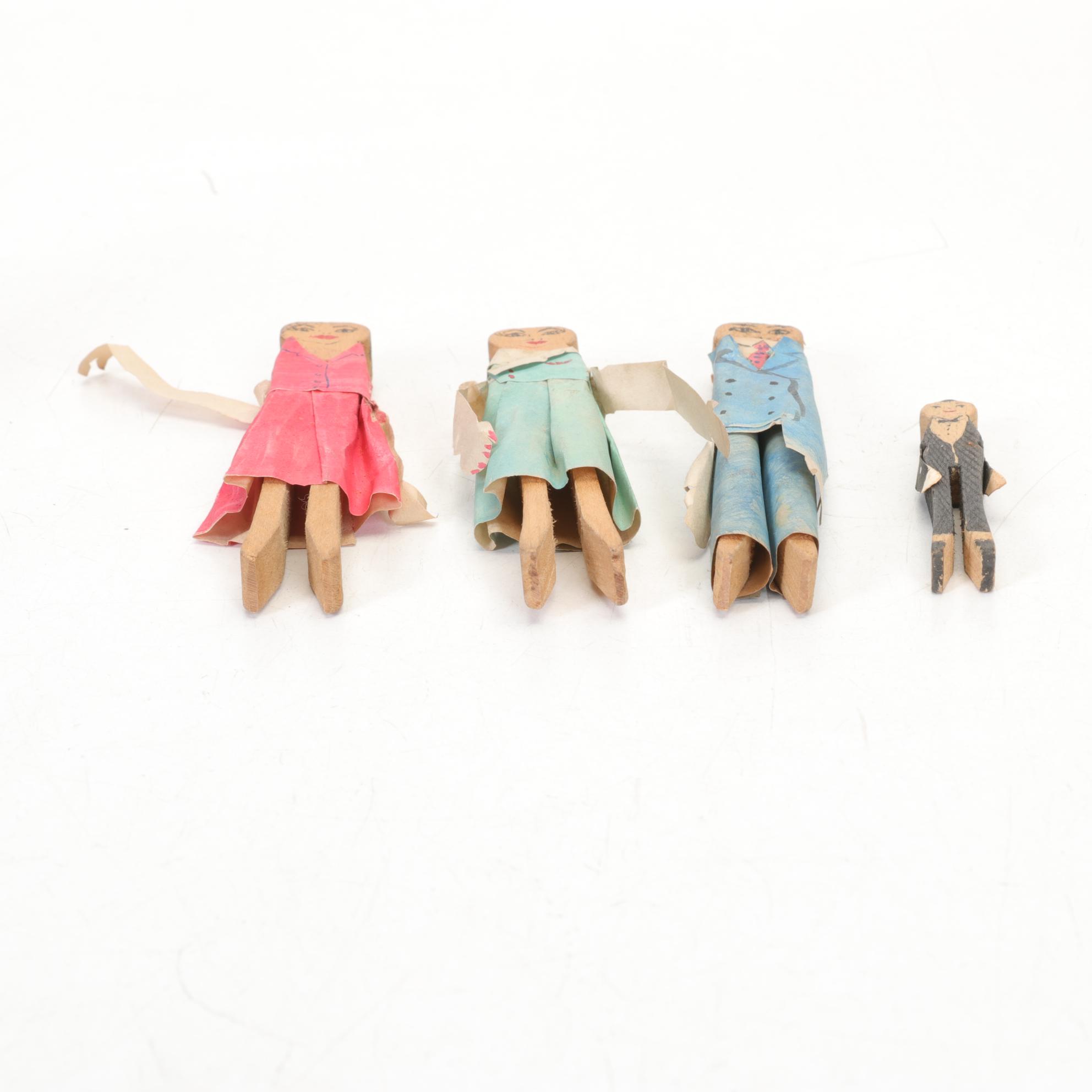 Handmade Clothespin Dolls, Mid-20th Century