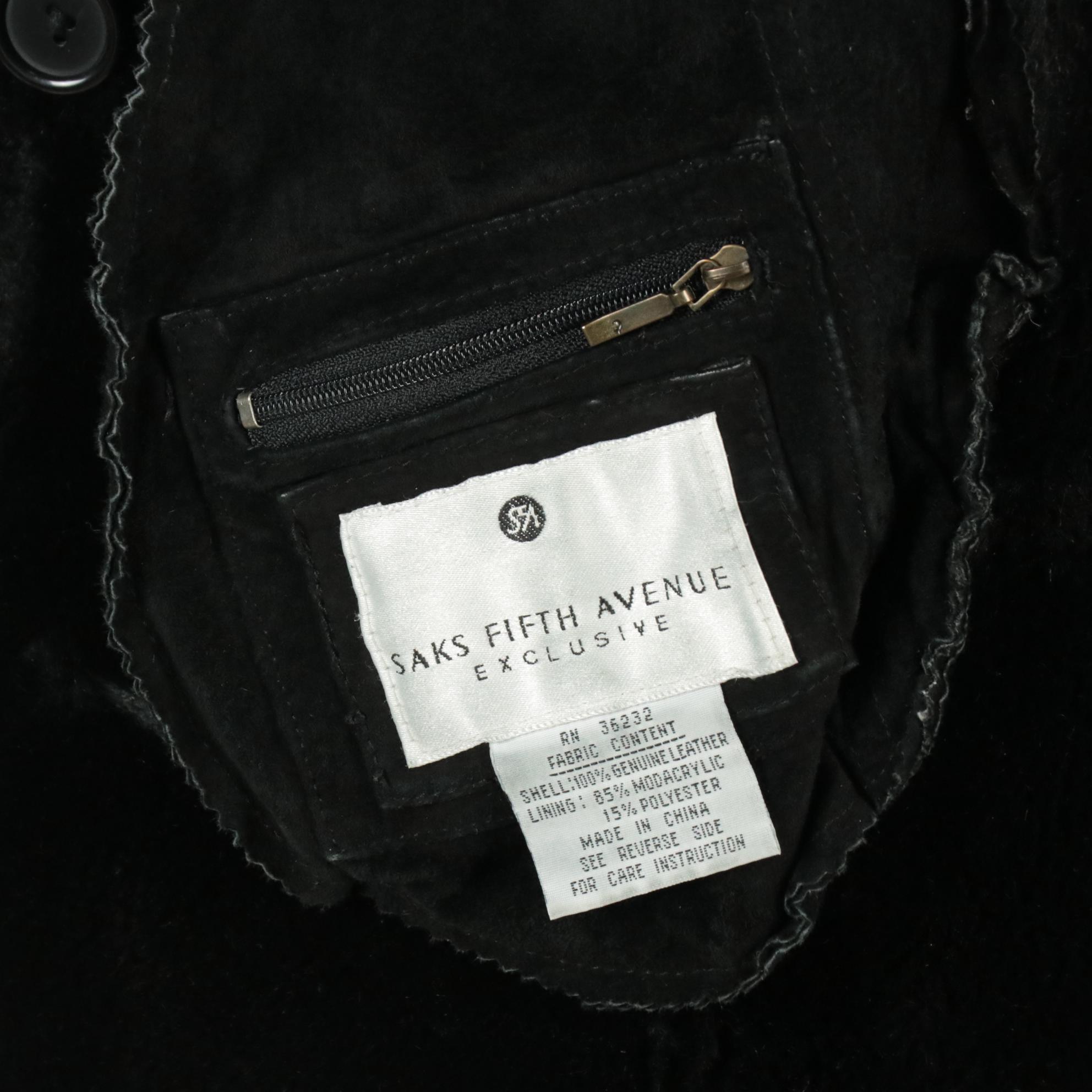 Saks Fifth Avenue Black Leather Faux Sherpa Lined Mid Length Coat