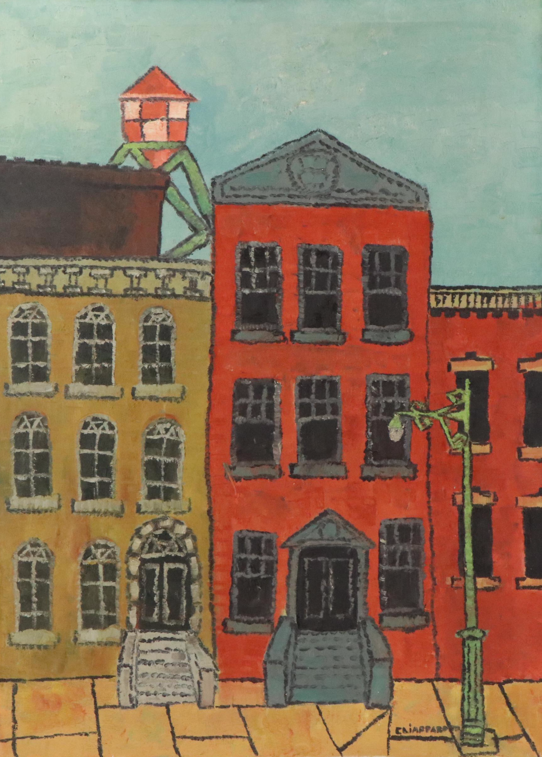 Naive Style Oil Painting of a Street Scene, Mid-Late 20th Century