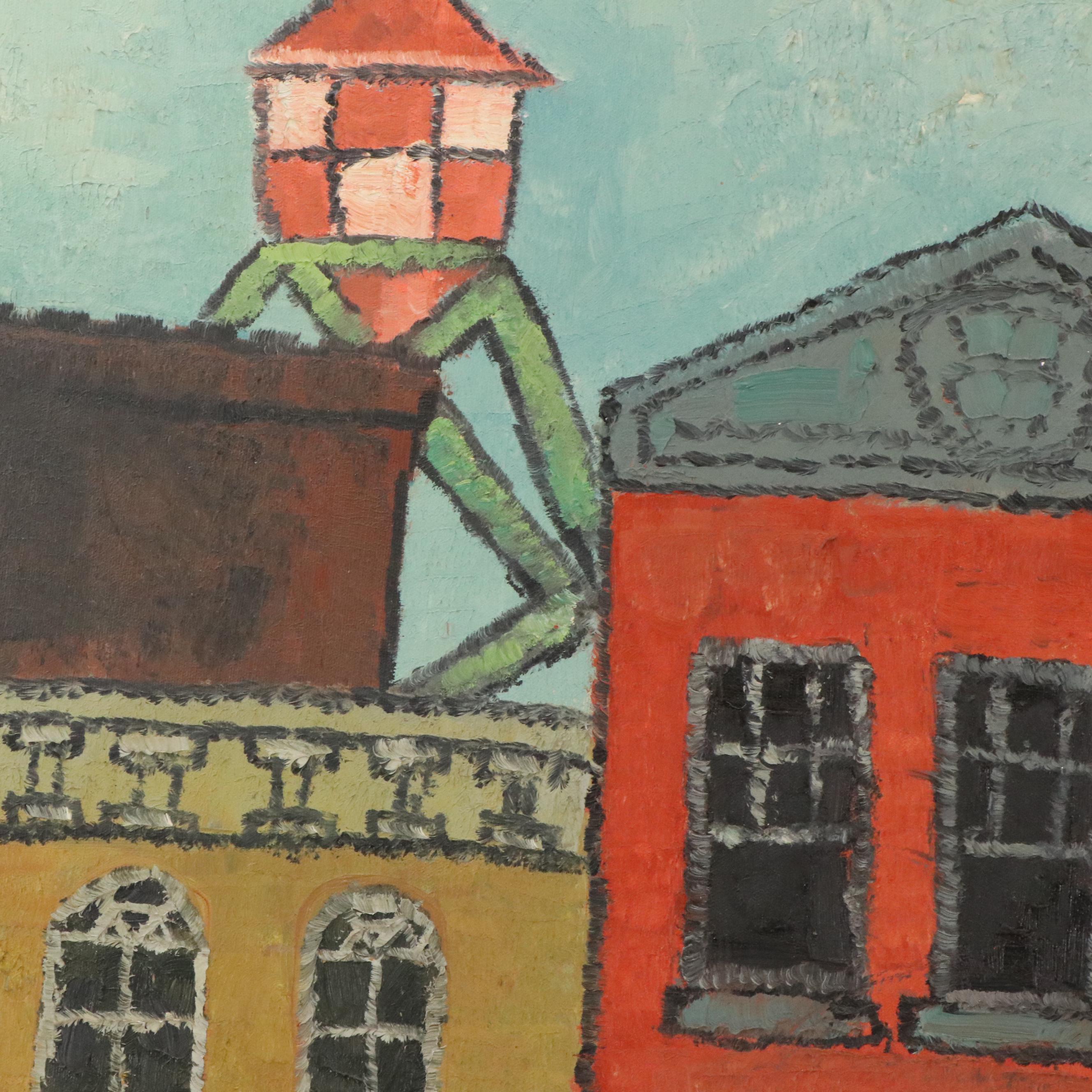 Naive Style Oil Painting of a Street Scene, Mid-Late 20th Century