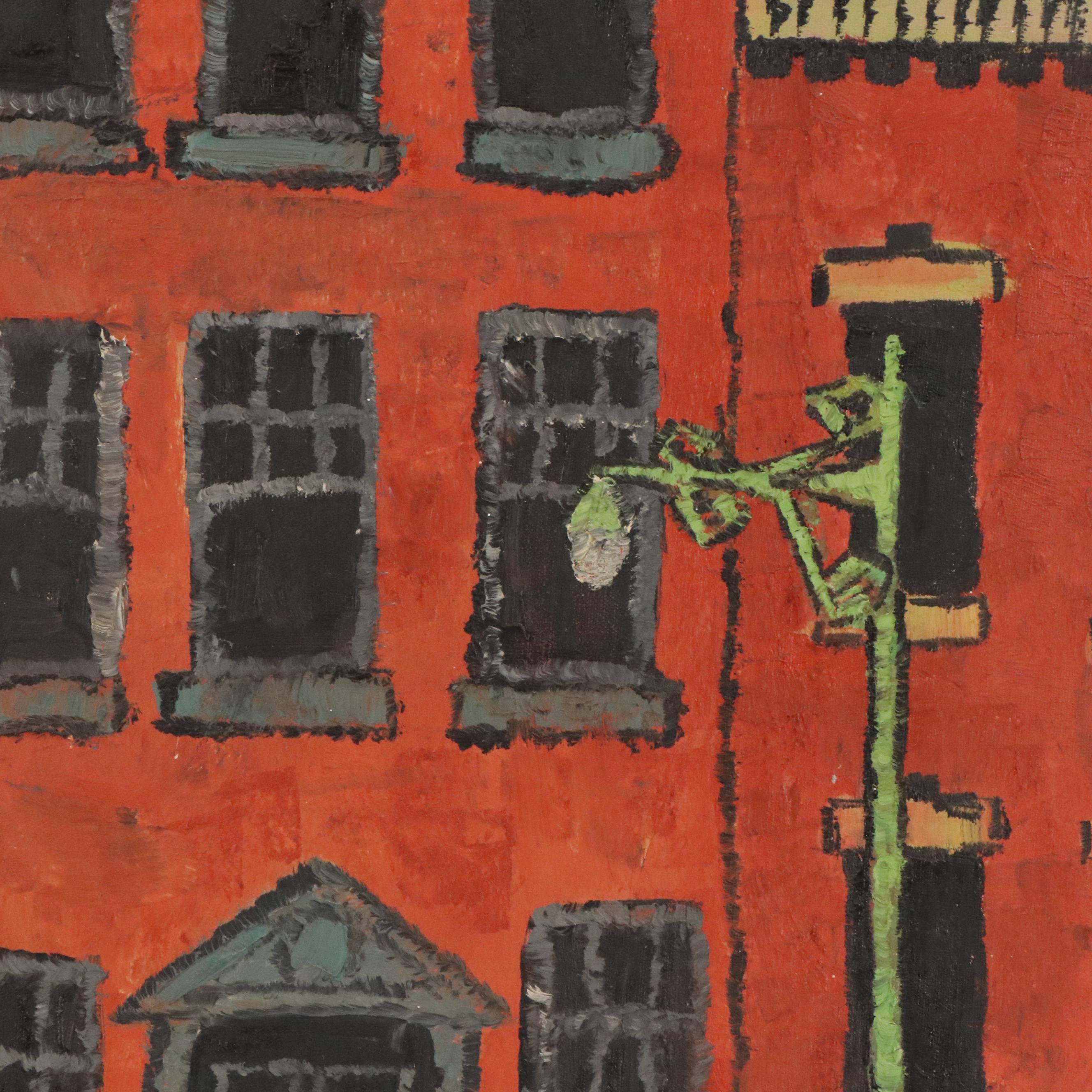 Naive Style Oil Painting of a Street Scene, Mid-Late 20th Century