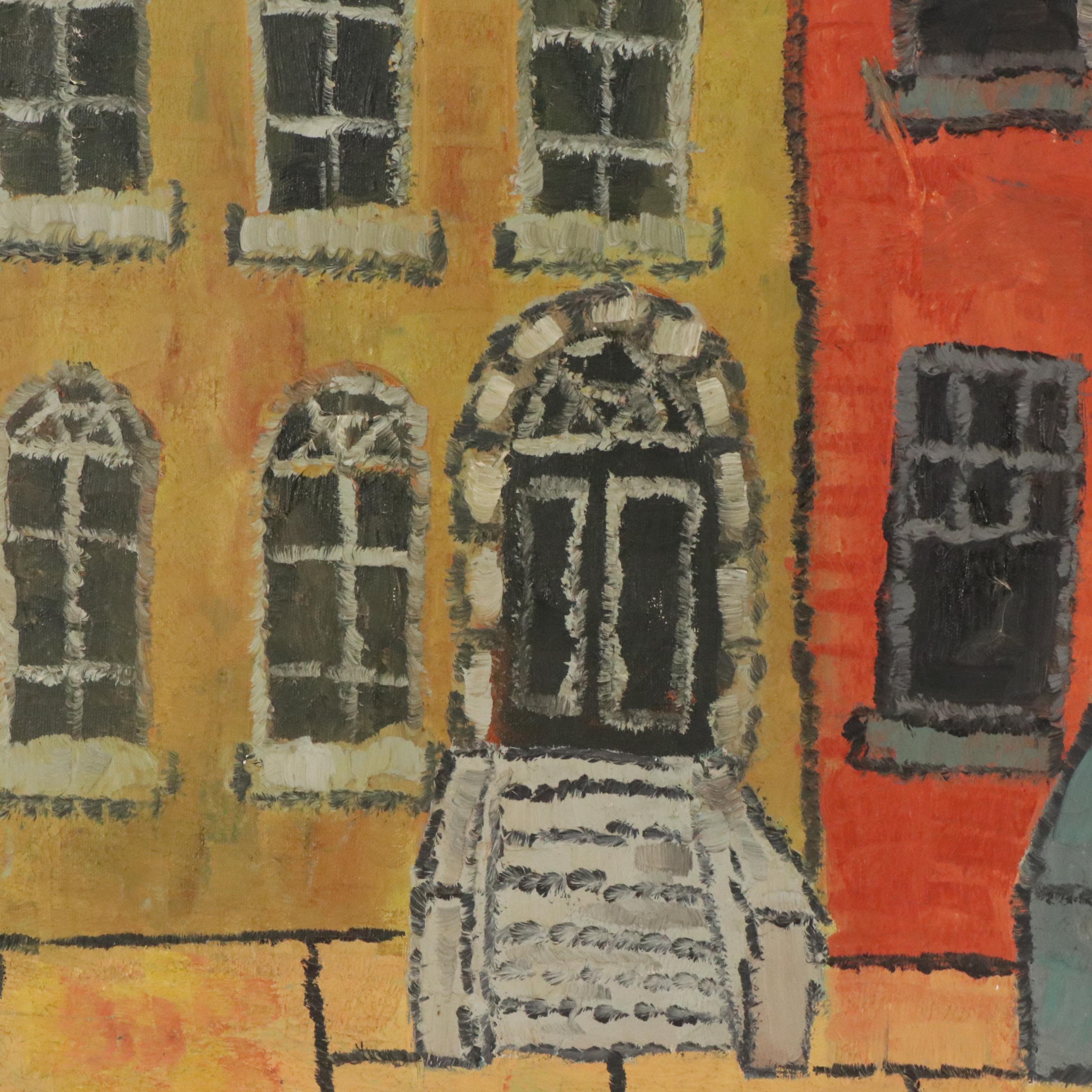 Naive Style Oil Painting of a Street Scene, Mid-Late 20th Century