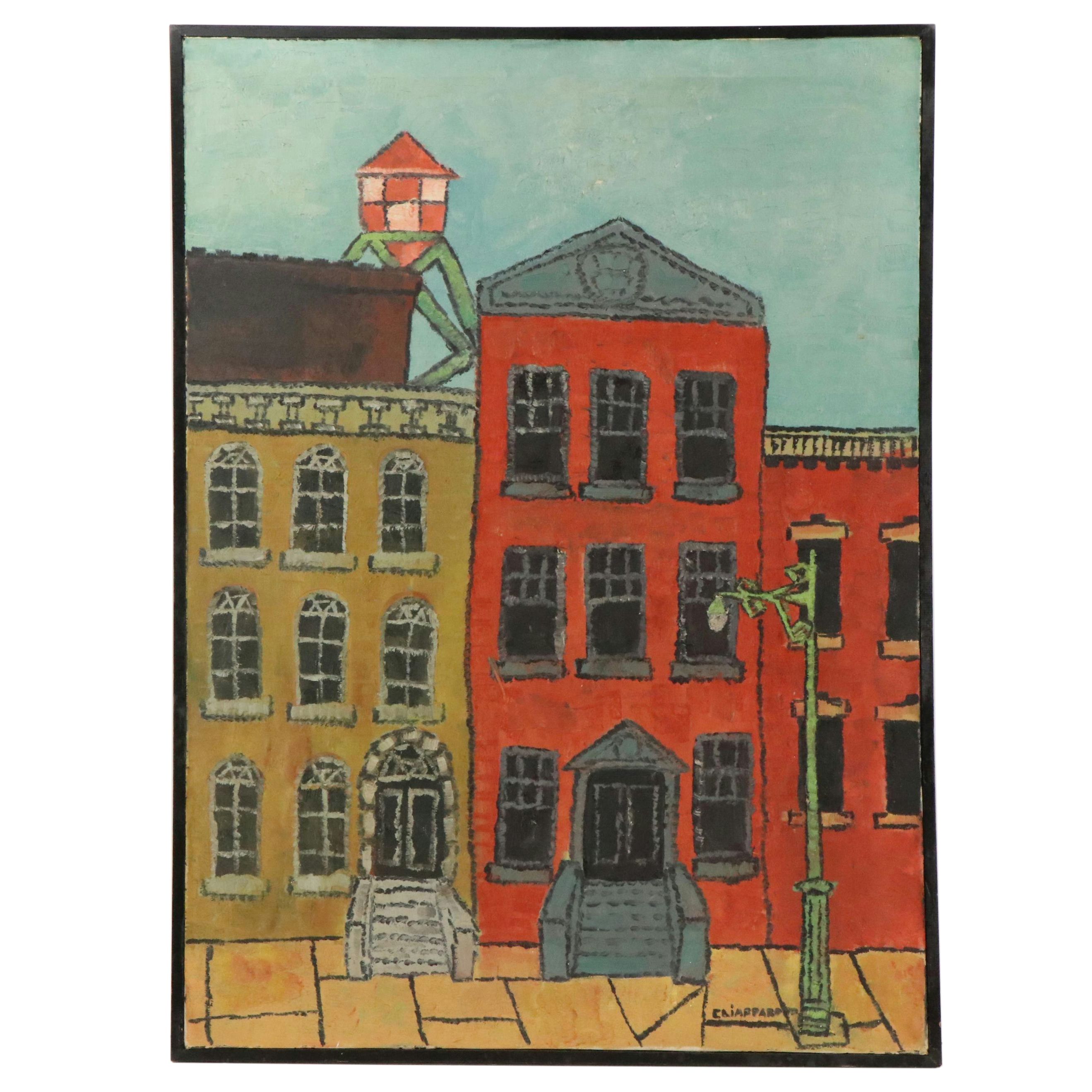 Naive Style Oil Painting of a Street Scene, Mid-Late 20th Century