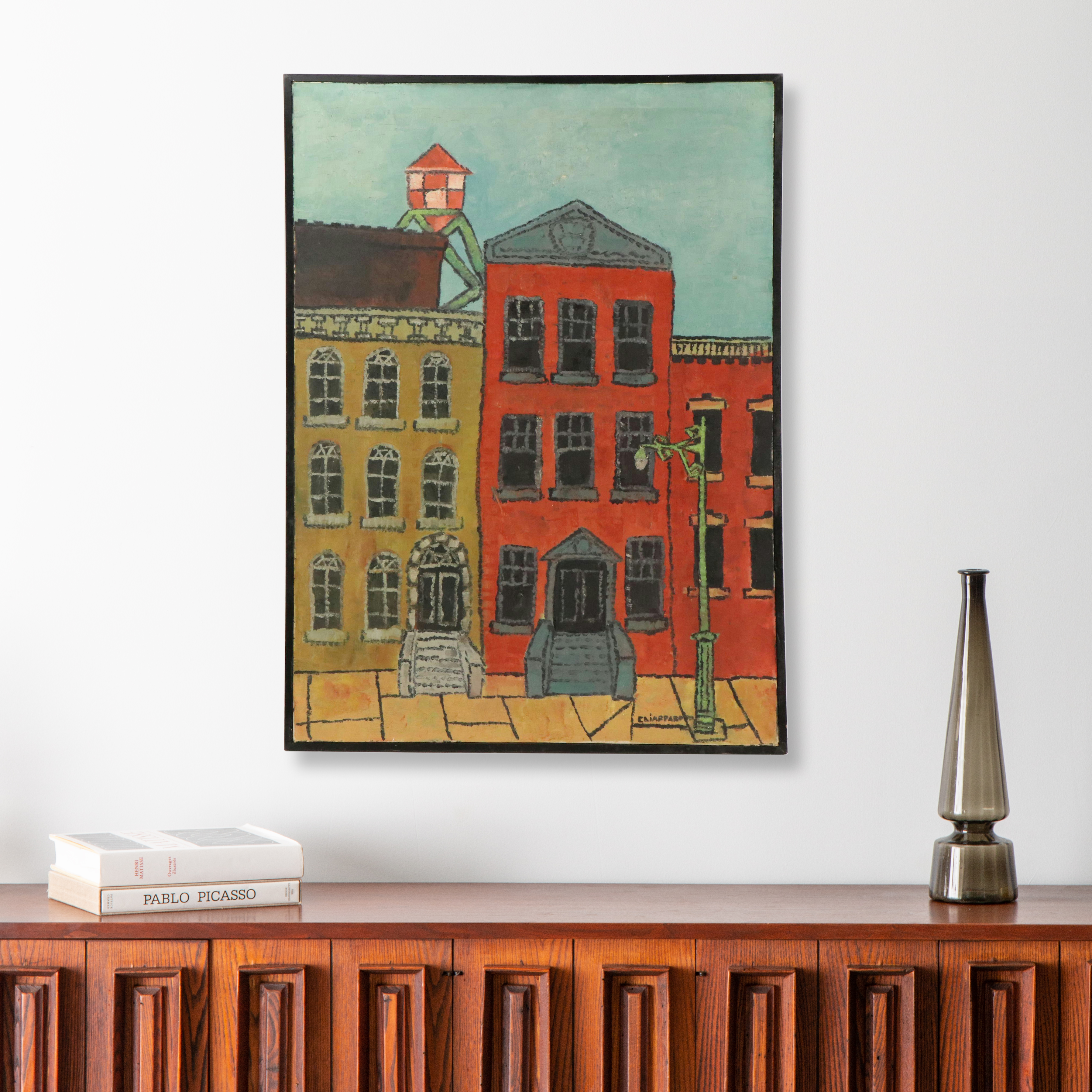 Naive Style Oil Painting of a Street Scene, Mid-Late 20th Century