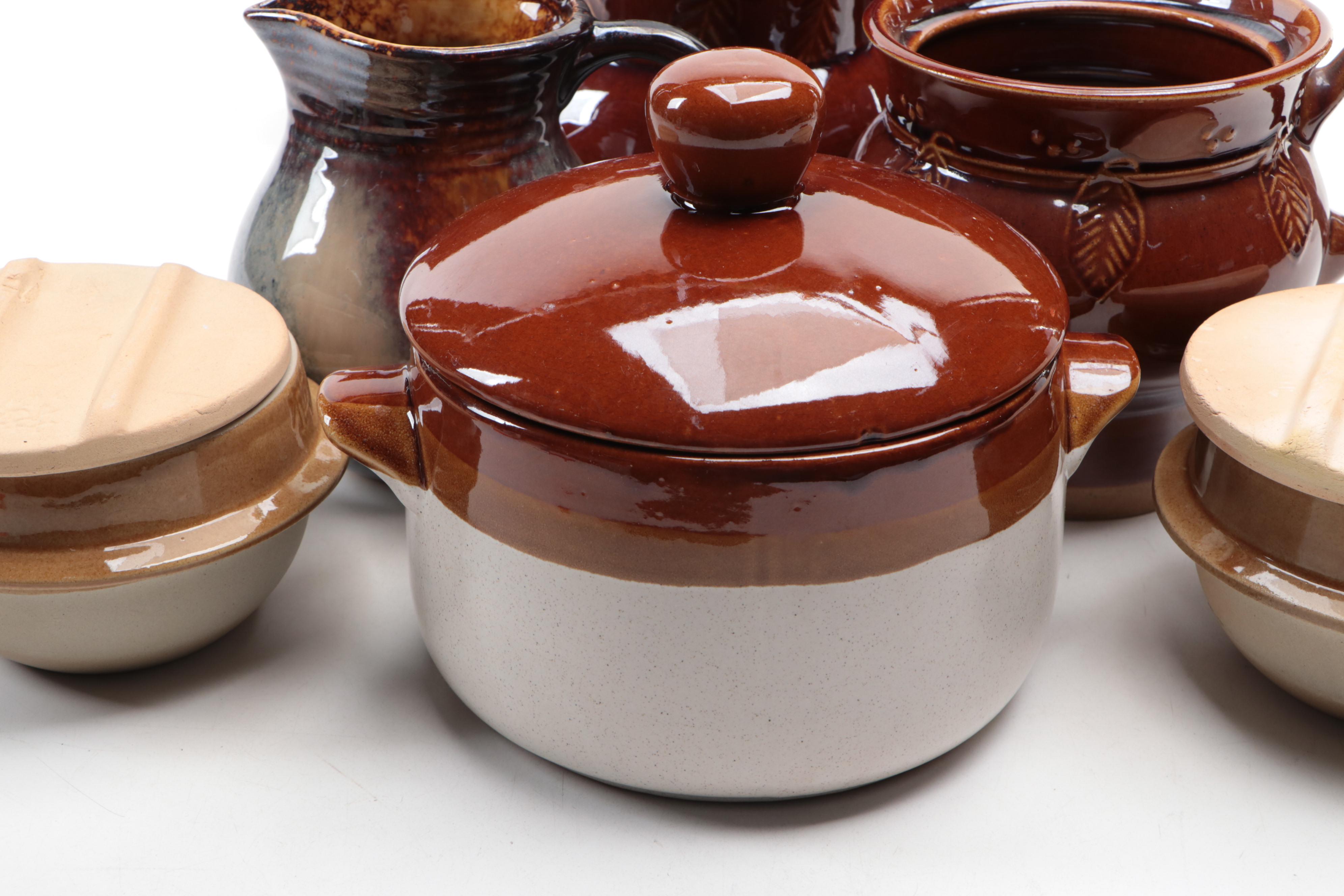 Brownware Bean Pot with Other Tableware and Vase