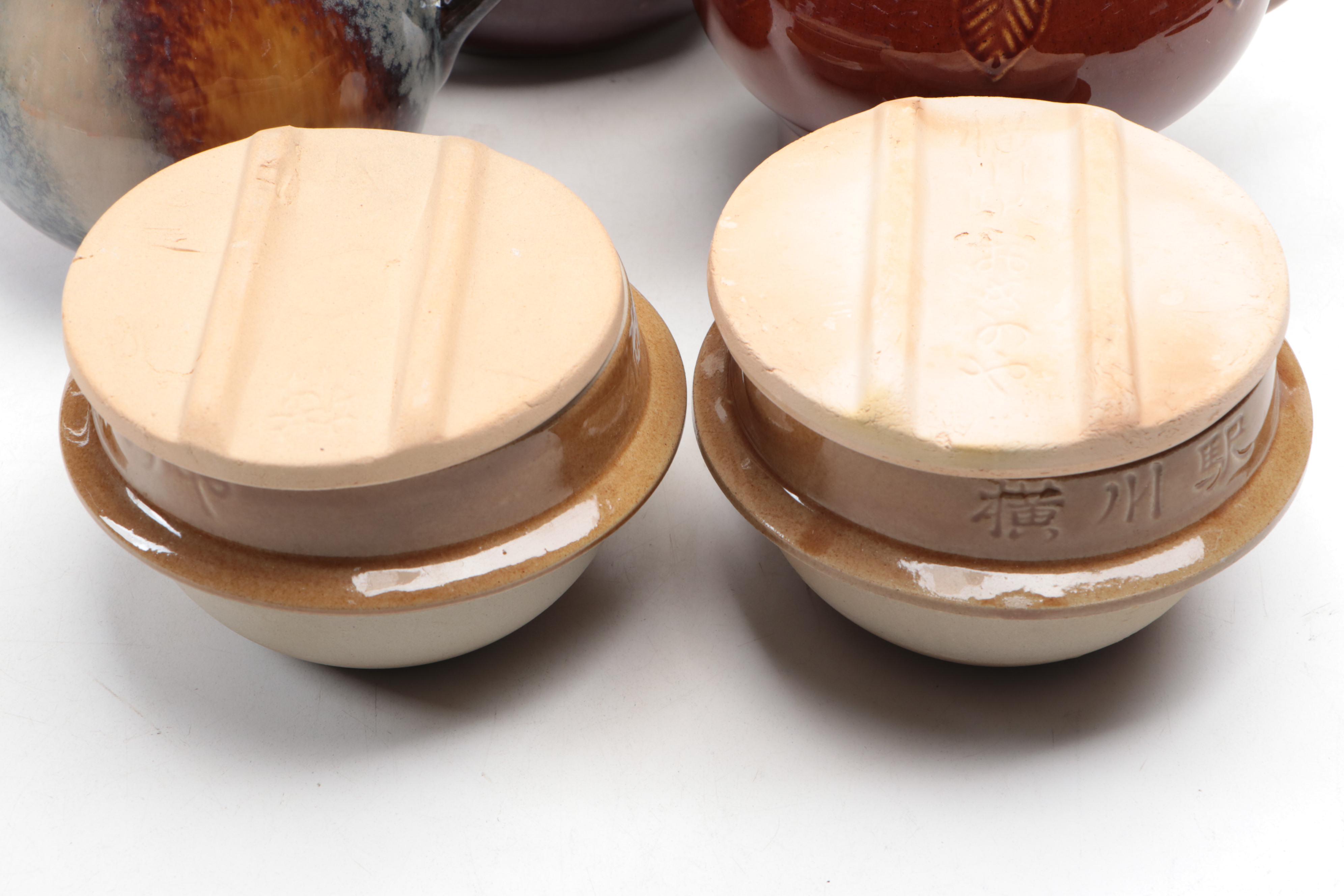 Brownware Bean Pot with Other Tableware and Vase