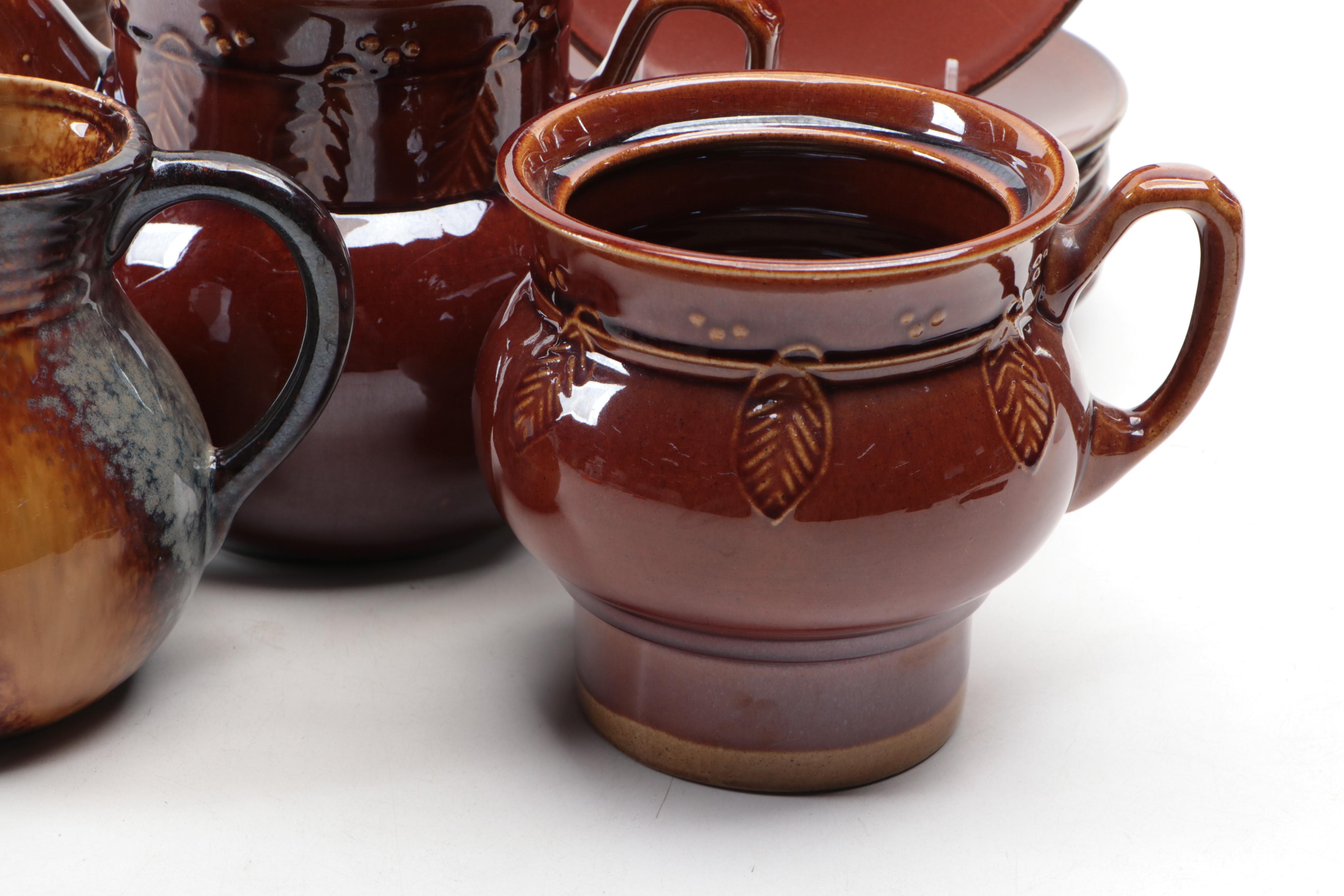 Brownware Bean Pot with Other Tableware and Vase