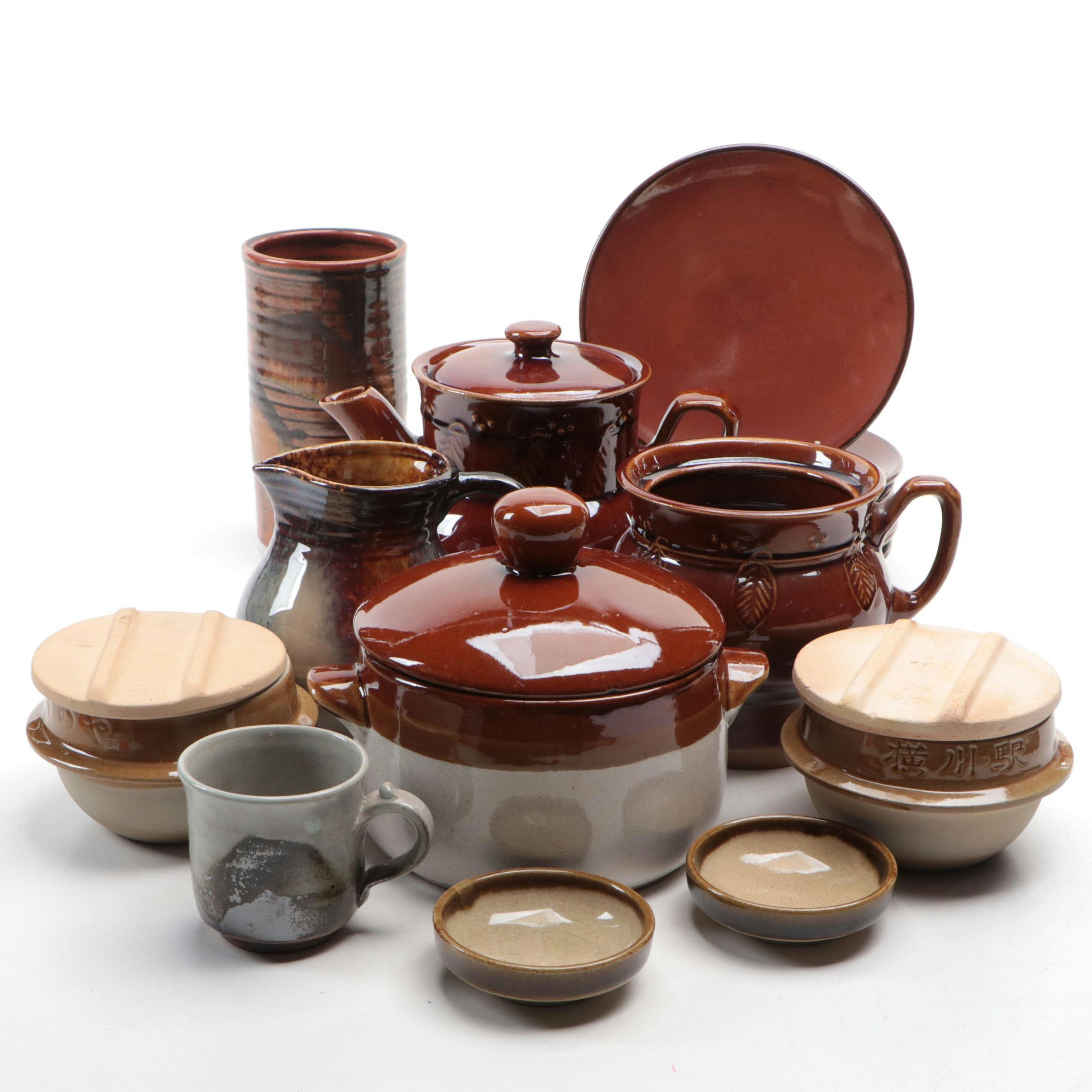 Brownware Bean Pot with Other Tableware and Vase | EBTH