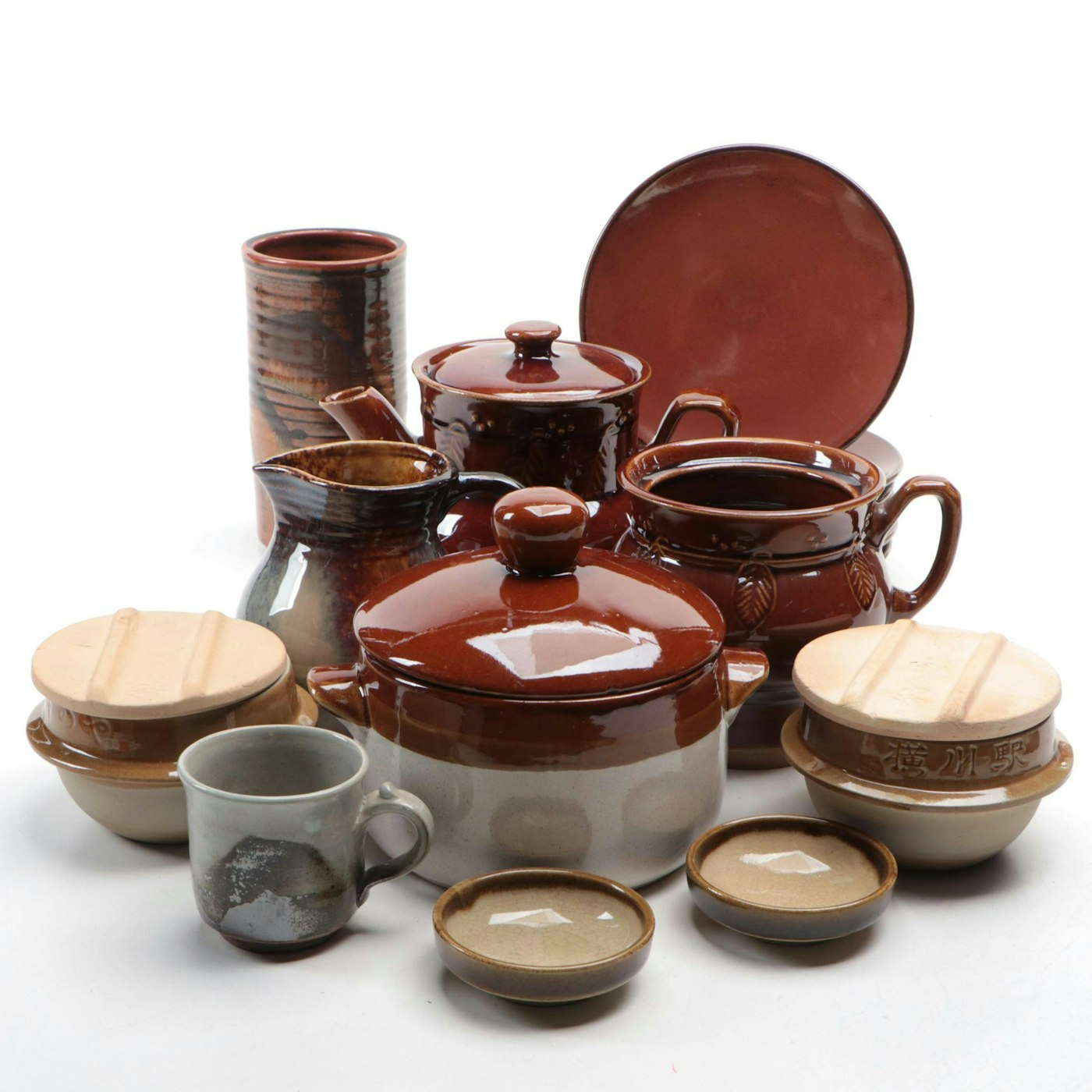 Brownware Bean Pot with Other Tableware and Vase | EBTH