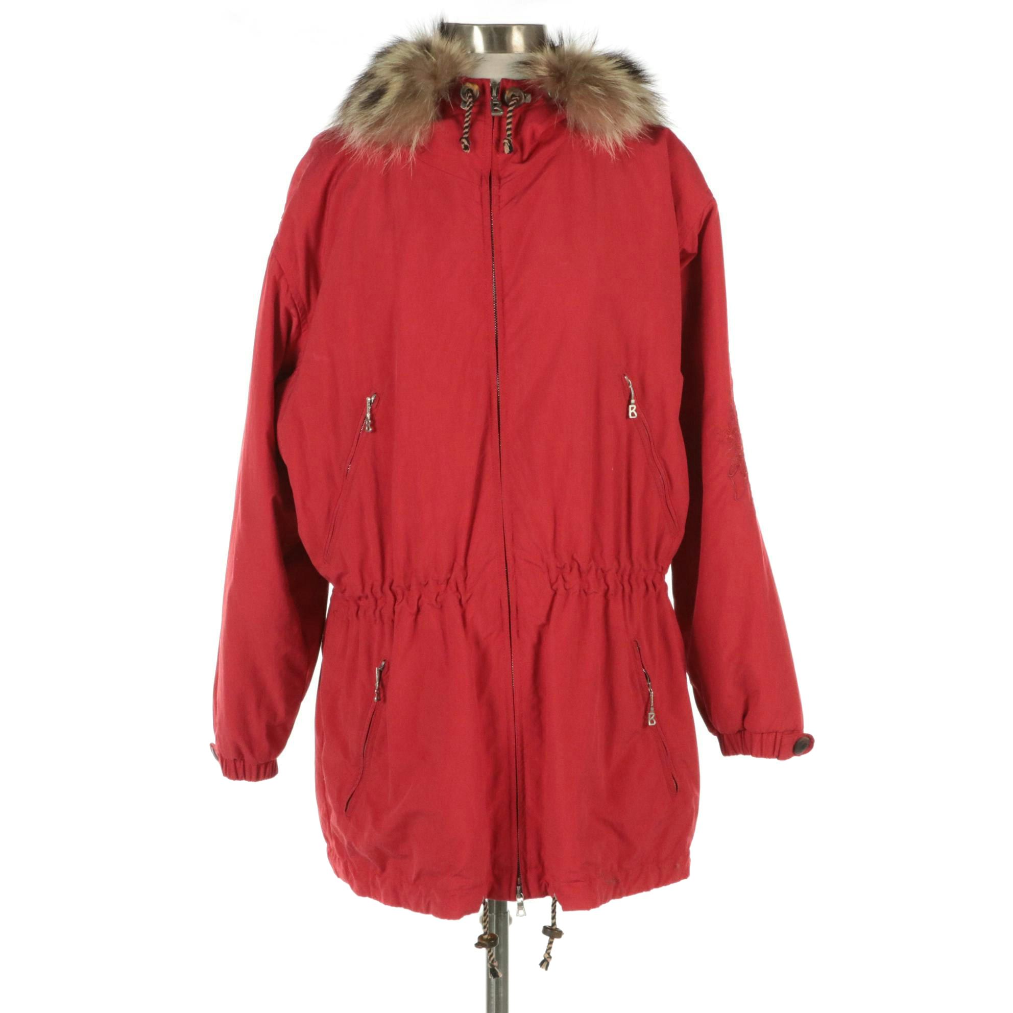 Bogner Cinched Waist Parka Ski Jacket with Raccoon Fur Trimmed Hood
