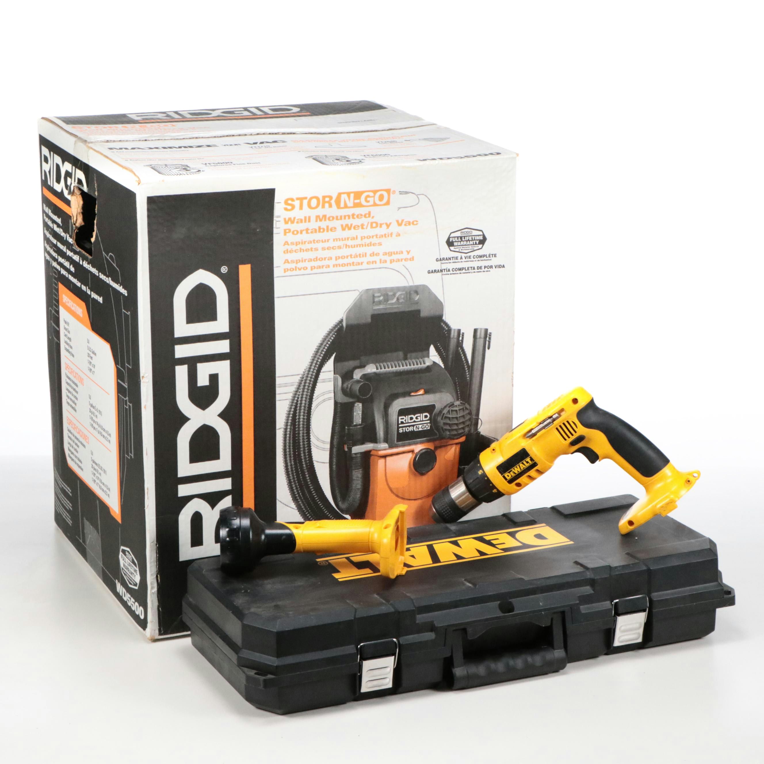 RIDGID Stor N-Go Wall Mounted Wet/Dry Vac with DeWalt Power Tools and Case