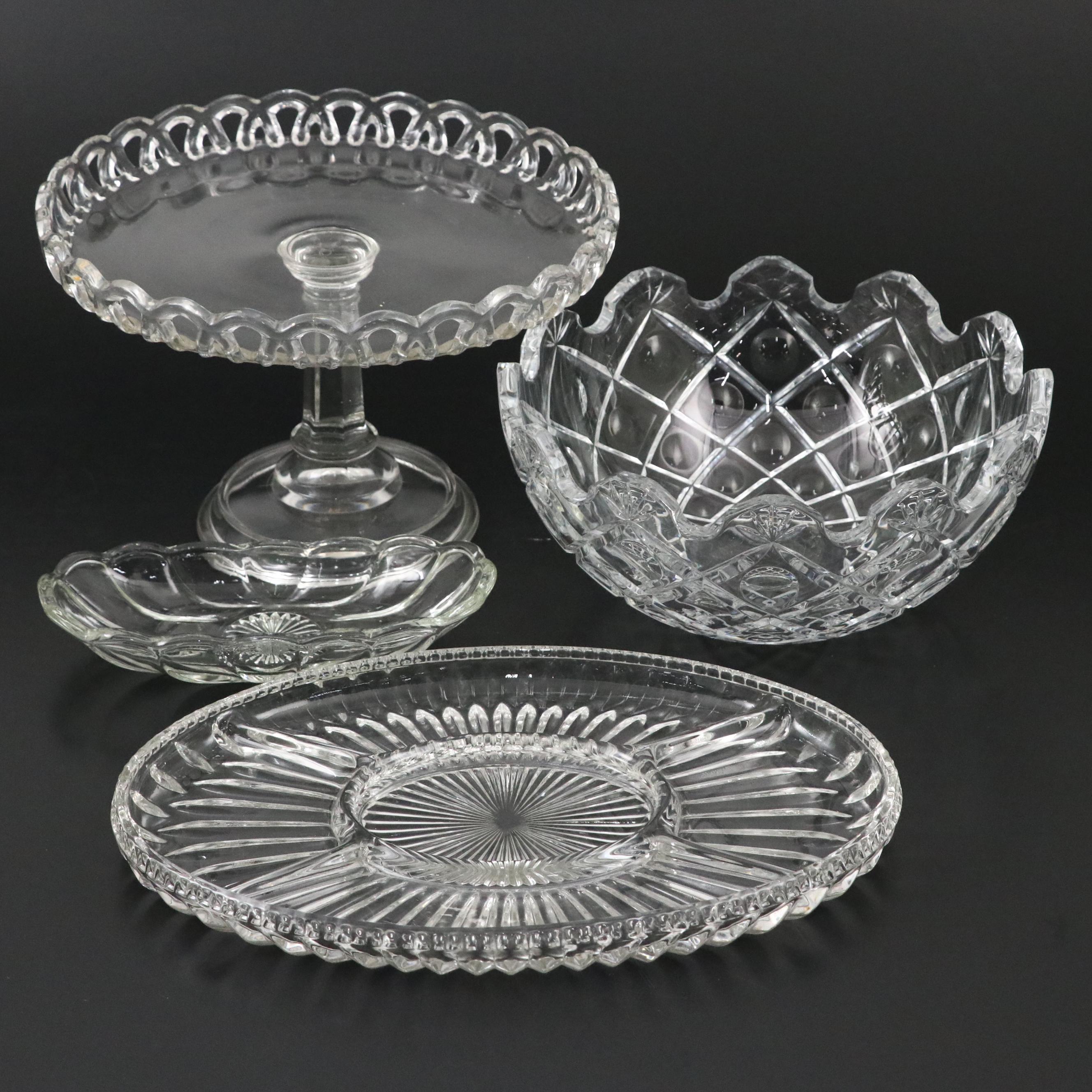 Rogaska Crystal Bowl with Glass Open Lace Cake Stand and Other Serving Dishes